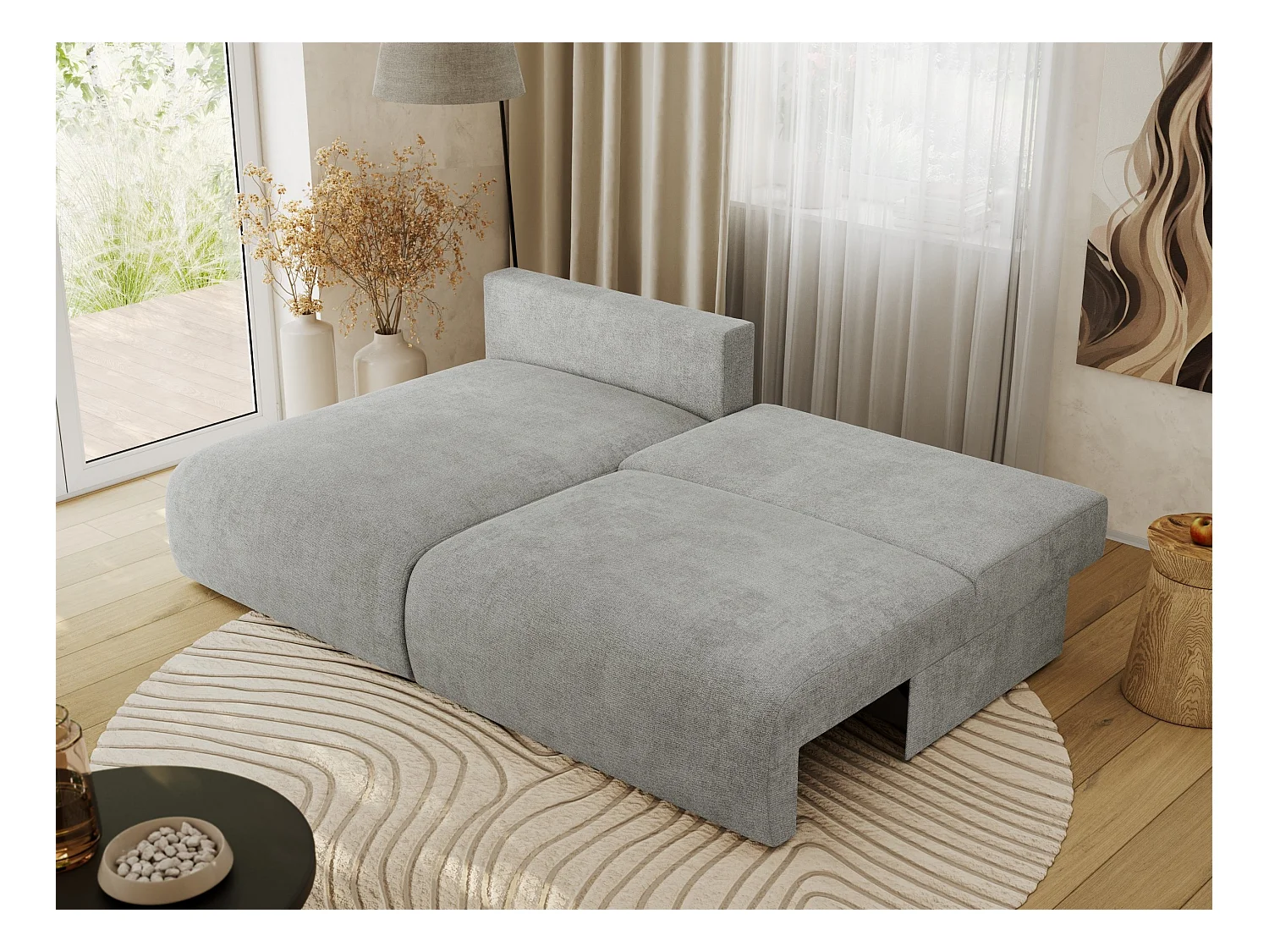 Ecksofa VIVO - L-form Couch mit Schlaffunktion und Bettkasten, Wellenfeder - Hellgrau Struktur - Ecke Links