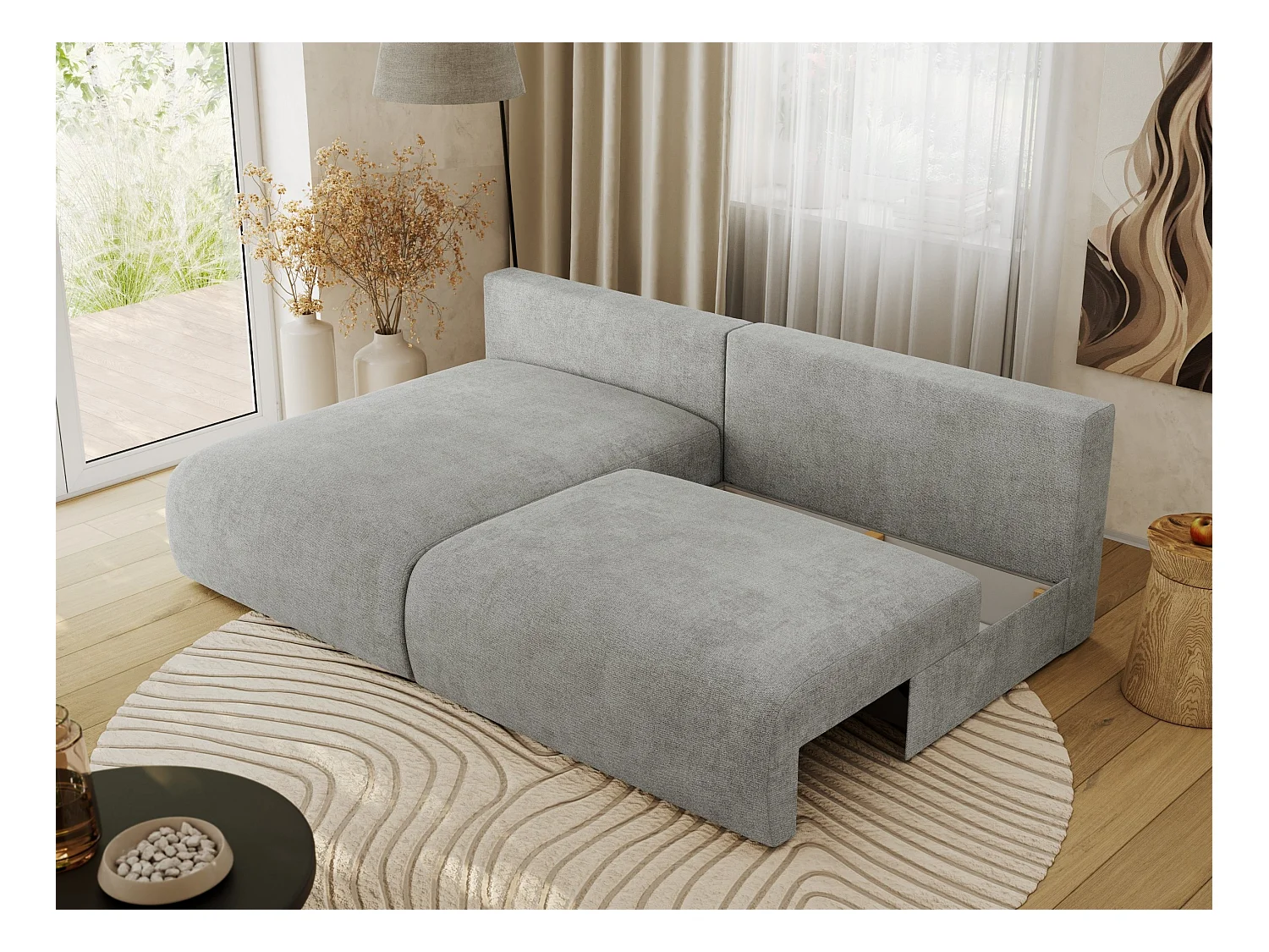 Ecksofa VIVO - L-form Couch mit Schlaffunktion und Bettkasten, Wellenfeder - Hellgrau Struktur - Ecke Links