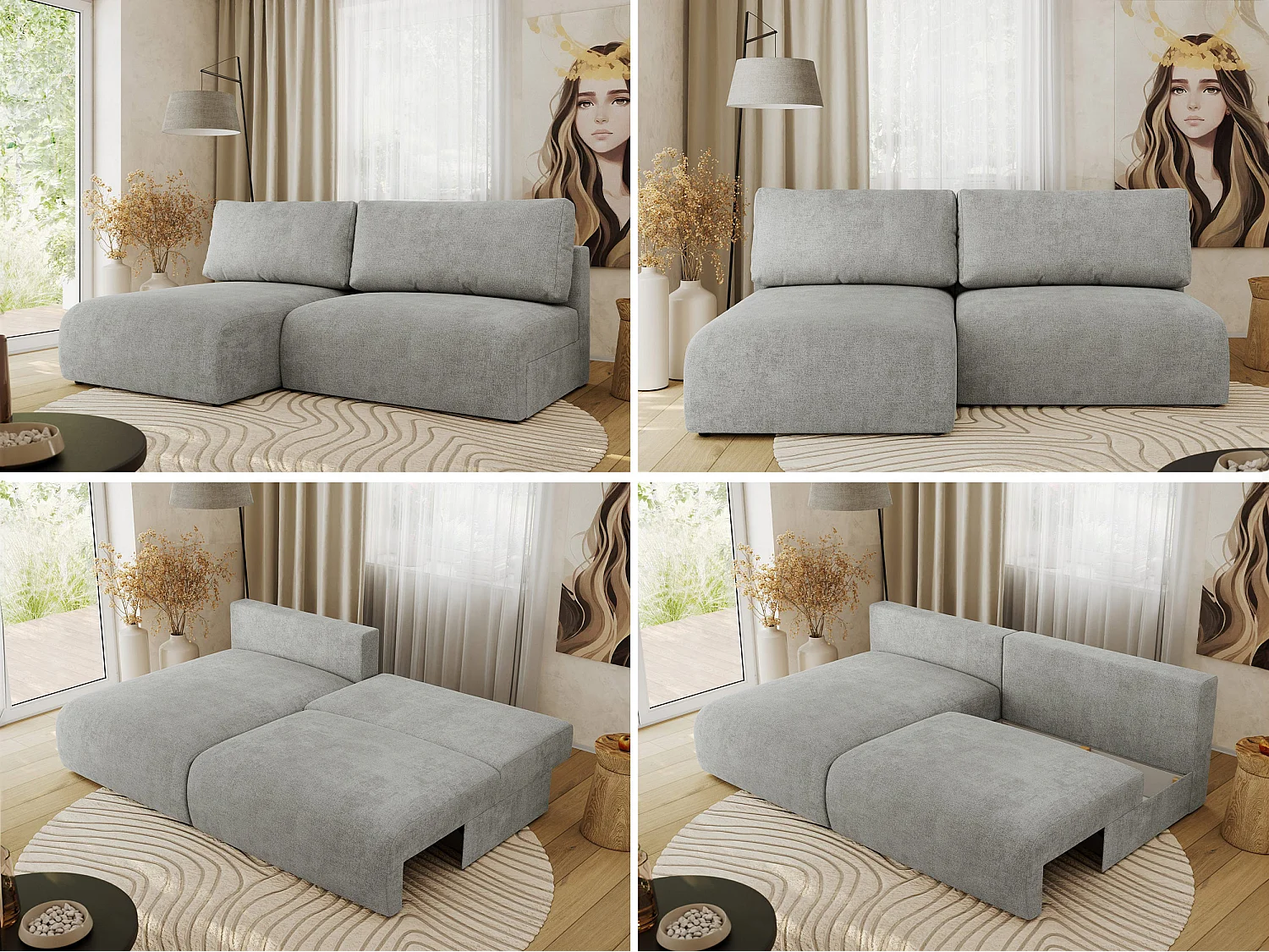 Ecksofa VIVO - L-form Couch mit Schlaffunktion und Bettkasten, Wellenfeder - Hellgrau Struktur - Ecke Links