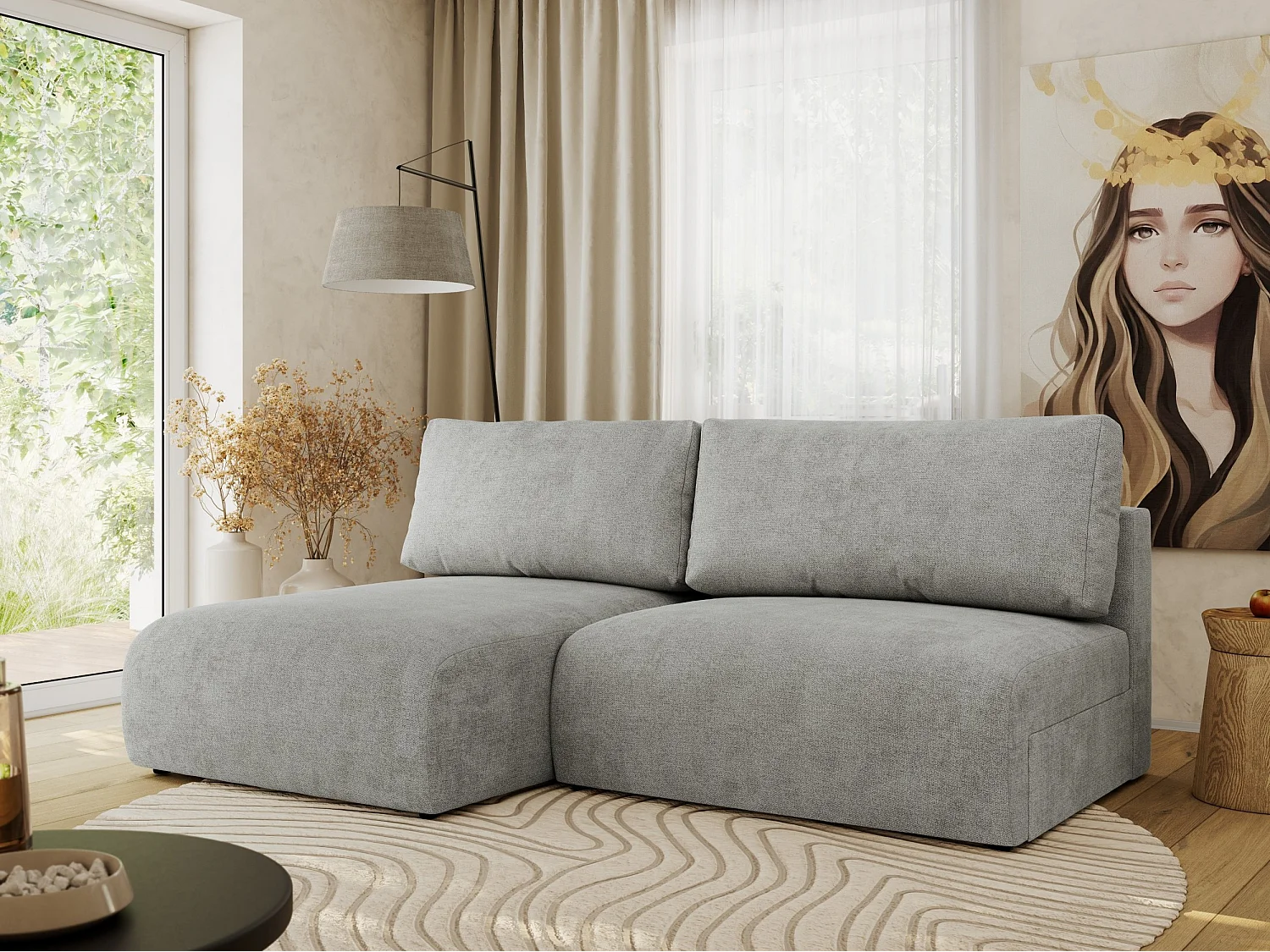 Ecksofa VIVO - L-form Couch mit Schlaffunktion und Bettkasten, Wellenfeder - Hellgrau Struktur - Ecke Links