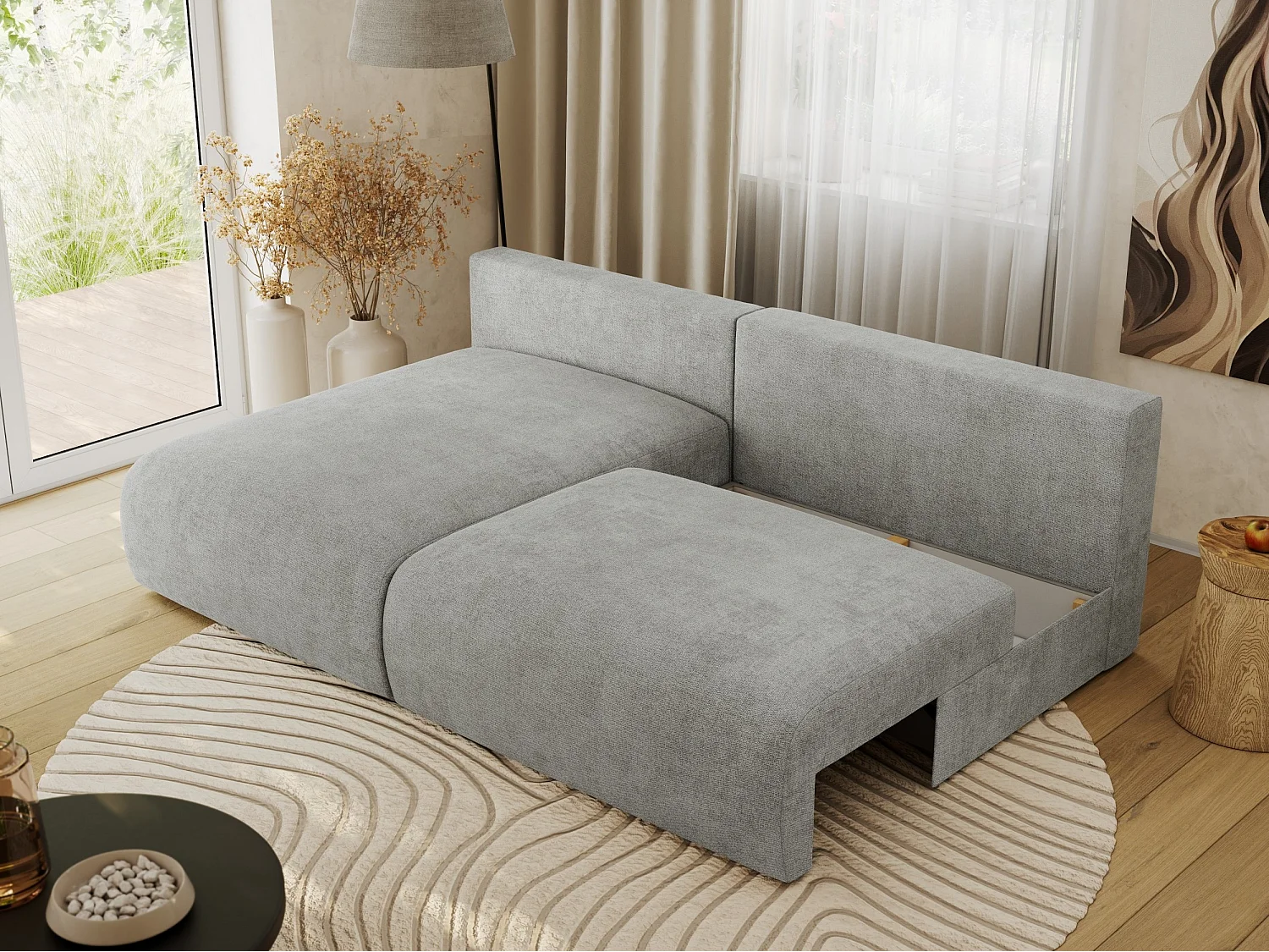 Ecksofa VIVO - L-form Couch mit Schlaffunktion und Bettkasten, Wellenfeder - Hellgrau Struktur - Ecke Links