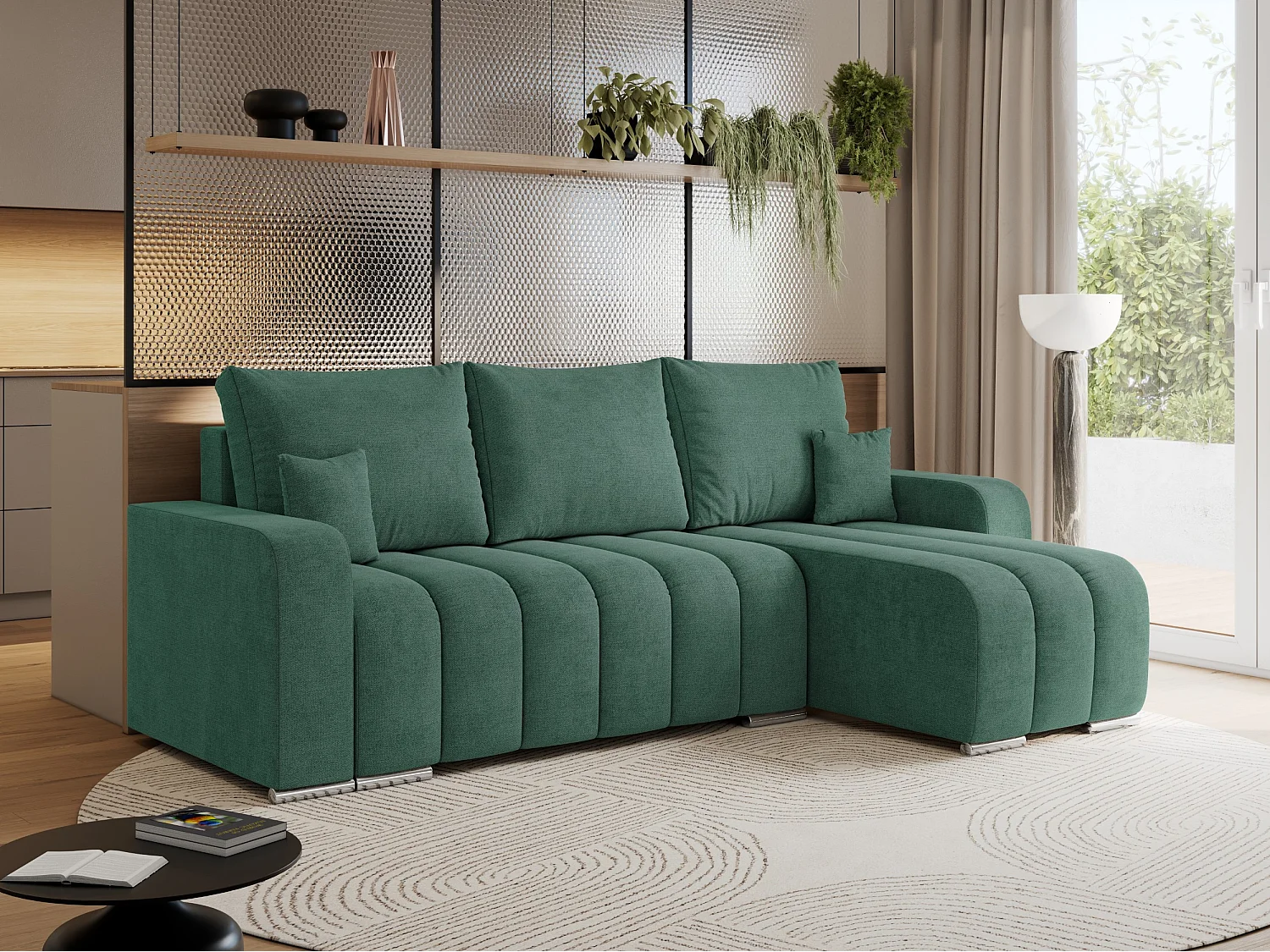 Ecksofa KIRASSO - universelles mit Schlaffunktion und Bettkasten, lose Kissen, Armlehnen - Grün Stukture