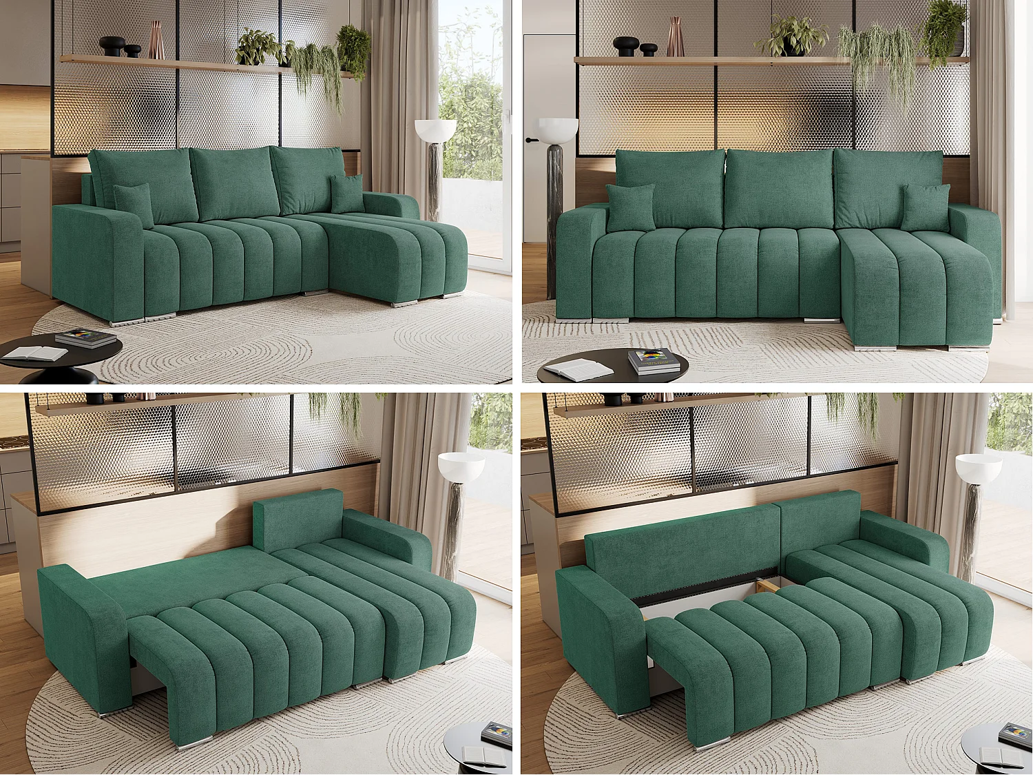 Ecksofa KIRASSO - universelles mit Schlaffunktion und Bettkasten, lose Kissen, Armlehnen - Grün Stukture