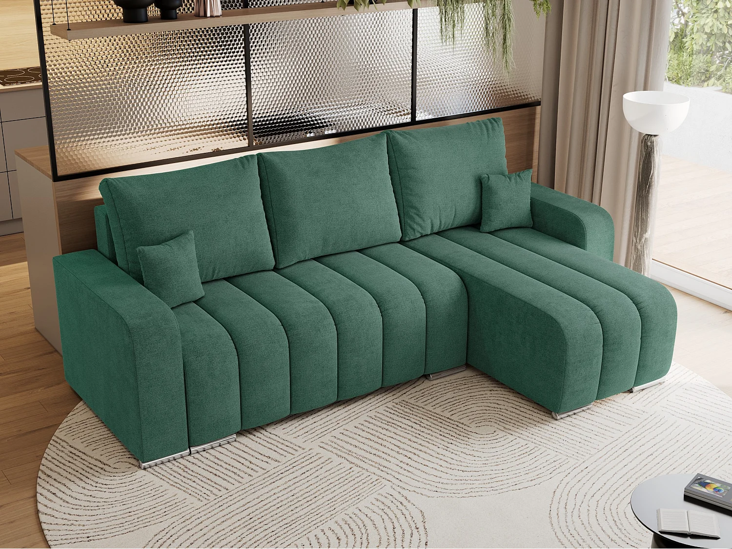 Ecksofa KIRASSO - universelles mit Schlaffunktion und Bettkasten, lose Kissen, Armlehnen - Grün Stukture