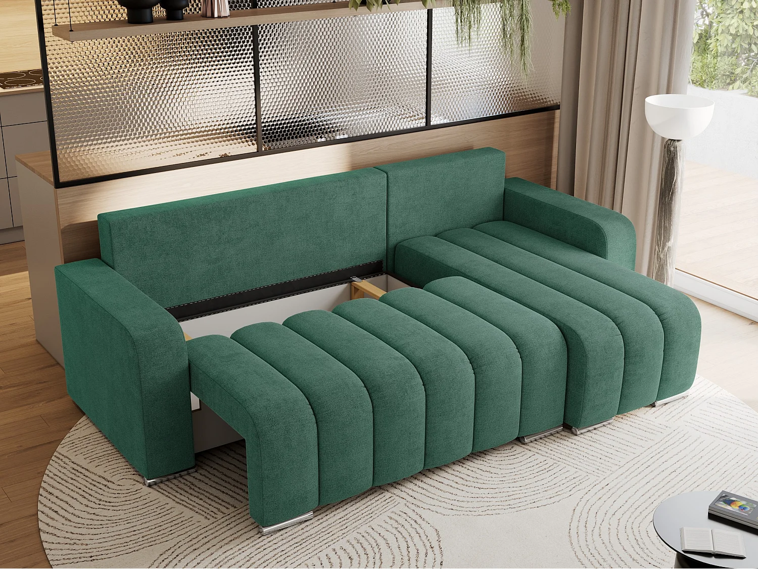 Ecksofa KIRASSO - universelles mit Schlaffunktion und Bettkasten, lose Kissen, Armlehnen - Grün Stukture