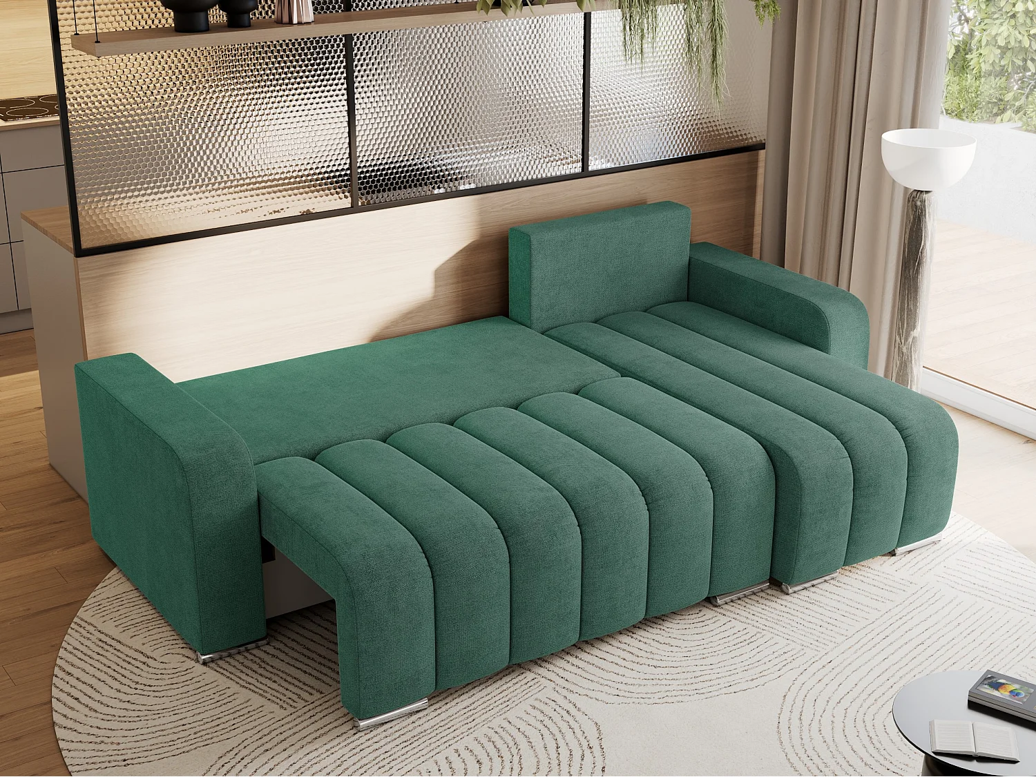 Ecksofa KIRASSO - universelles mit Schlaffunktion und Bettkasten, lose Kissen, Armlehnen - Grün Stukture