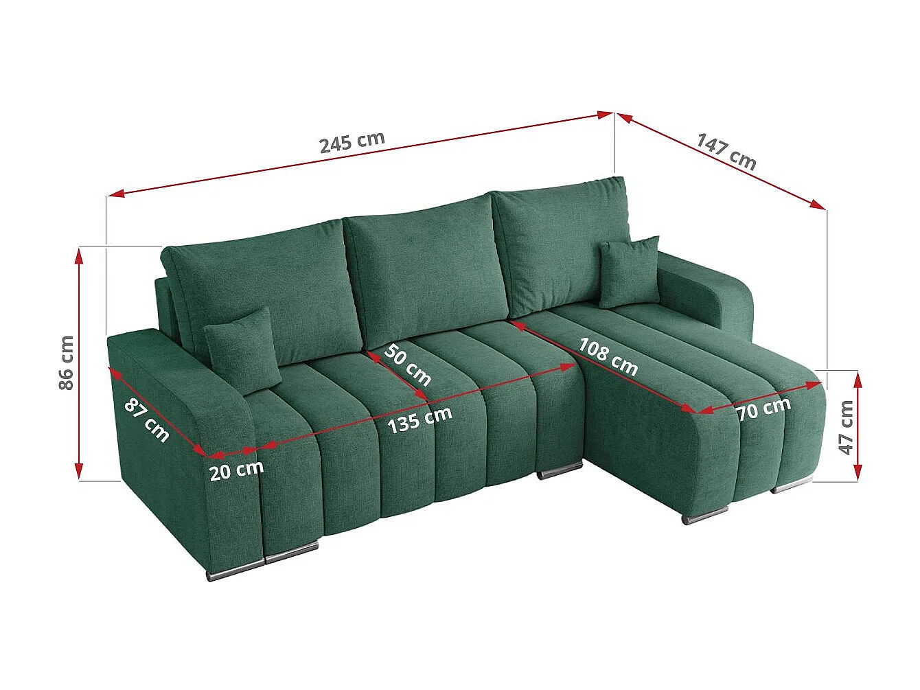 Ecksofa KIRASSO - universelles mit Schlaffunktion und Bettkasten, lose Kissen, Armlehnen - Grün Stukture