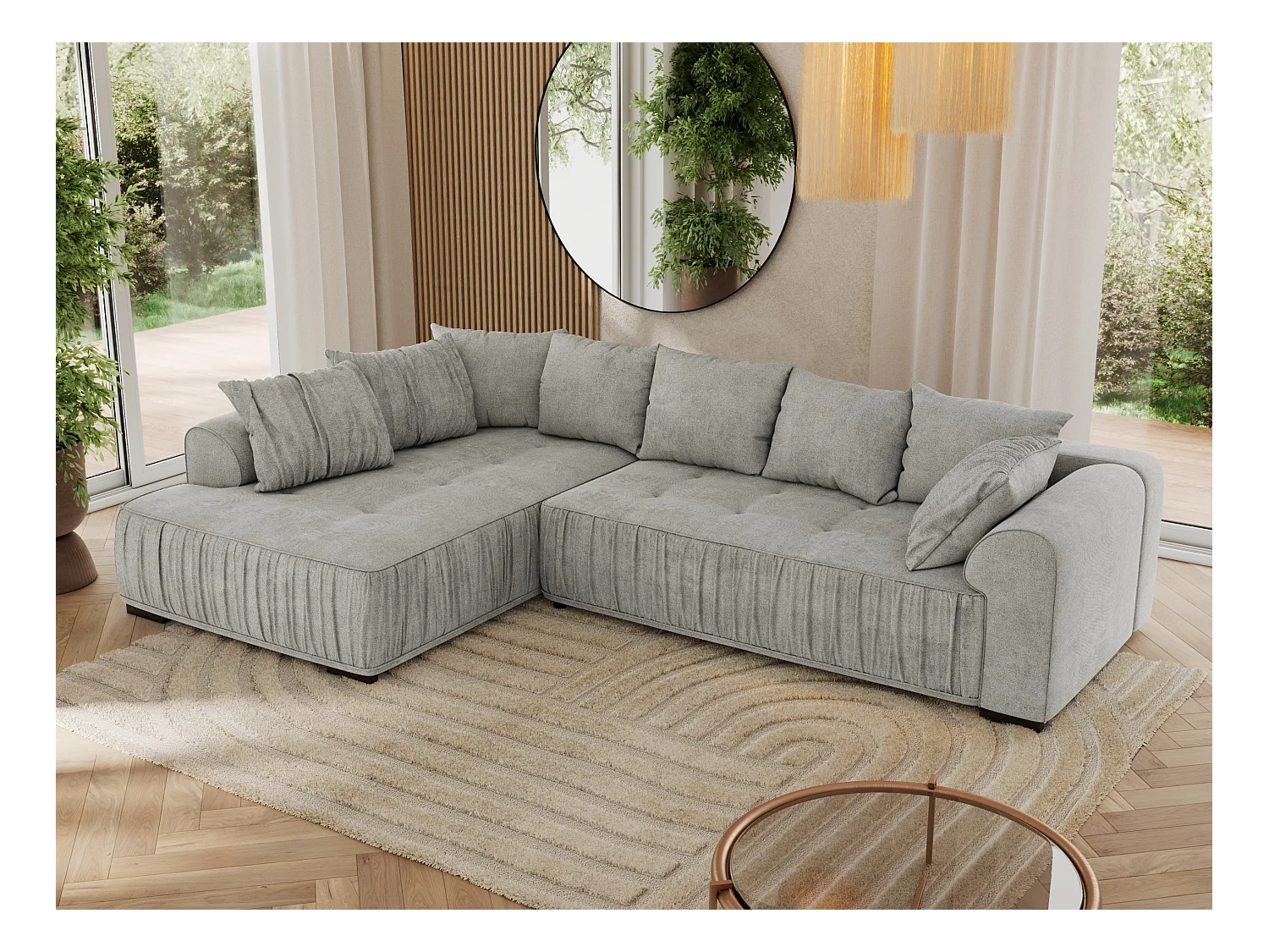 Ecksofa ORTA - Schlaffunktion und Bettkasten, lose Kissen, gesteppter Sitz, L-förmige Ecke - Hellgrau Stukture - Ecke Links