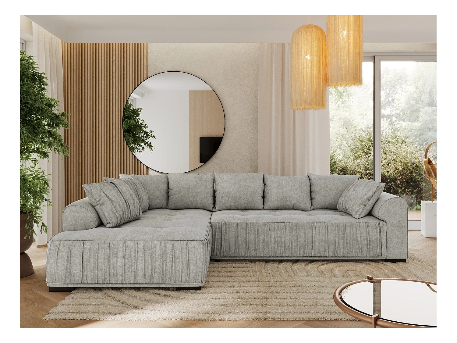 Ecksofa ORTA - Schlaffunktion und Bettkasten, lose Kissen, gesteppter Sitz, L-förmige Ecke - Hellgrau Stukture - Ecke Links