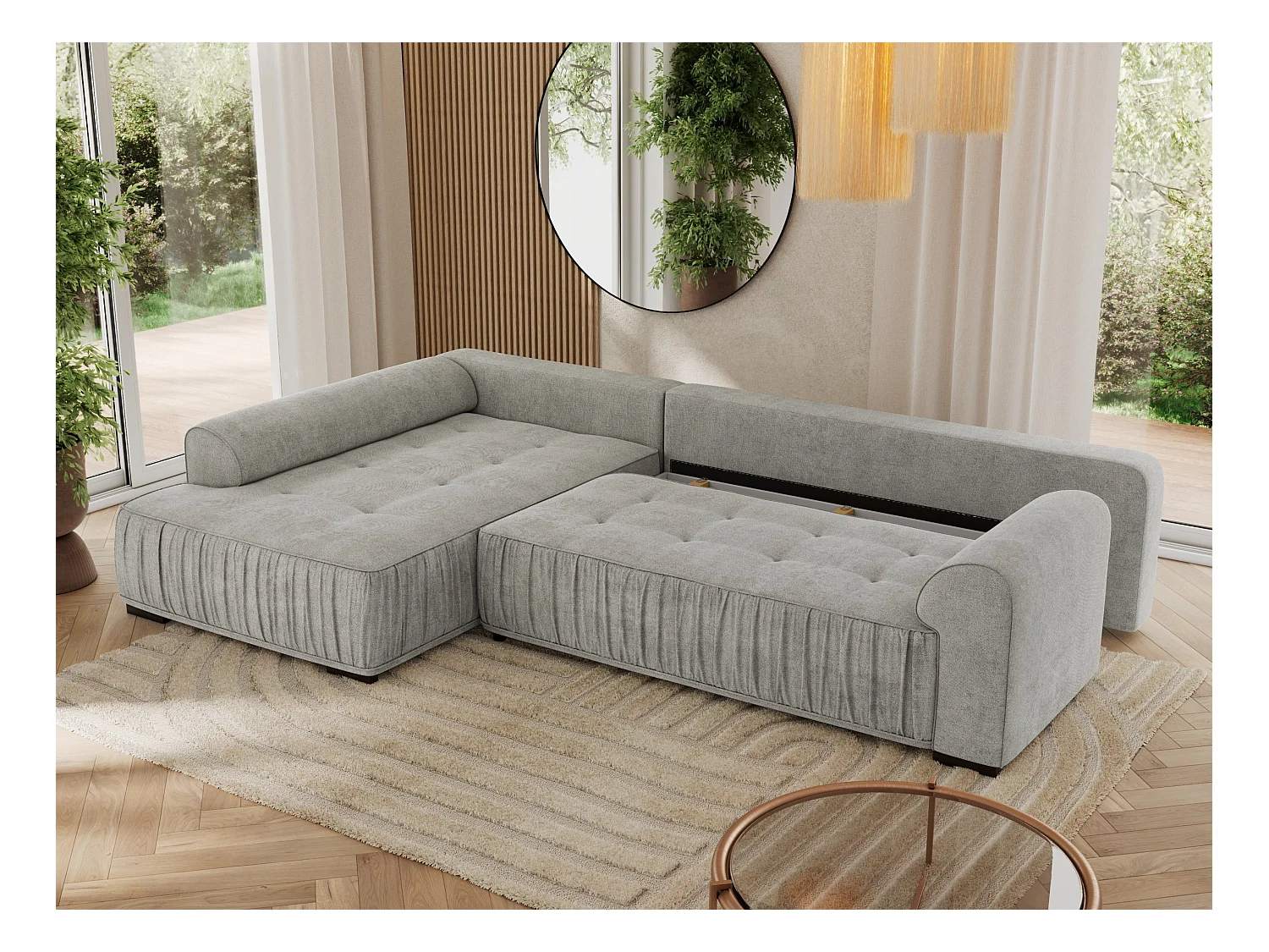 Ecksofa ORTA - Schlaffunktion und Bettkasten, lose Kissen, gesteppter Sitz, L-förmige Ecke - Hellgrau Stukture - Ecke Links