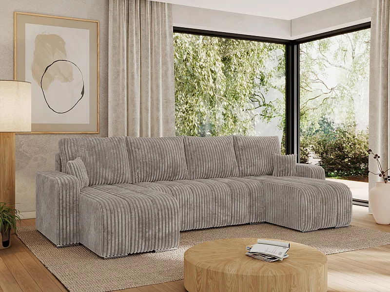 Ecksofa KIRASSO U - Wohnlandschaft, Schlaffunktion und Bettkasten, Couch U-form, lose Kissen - Hellbraun Cord