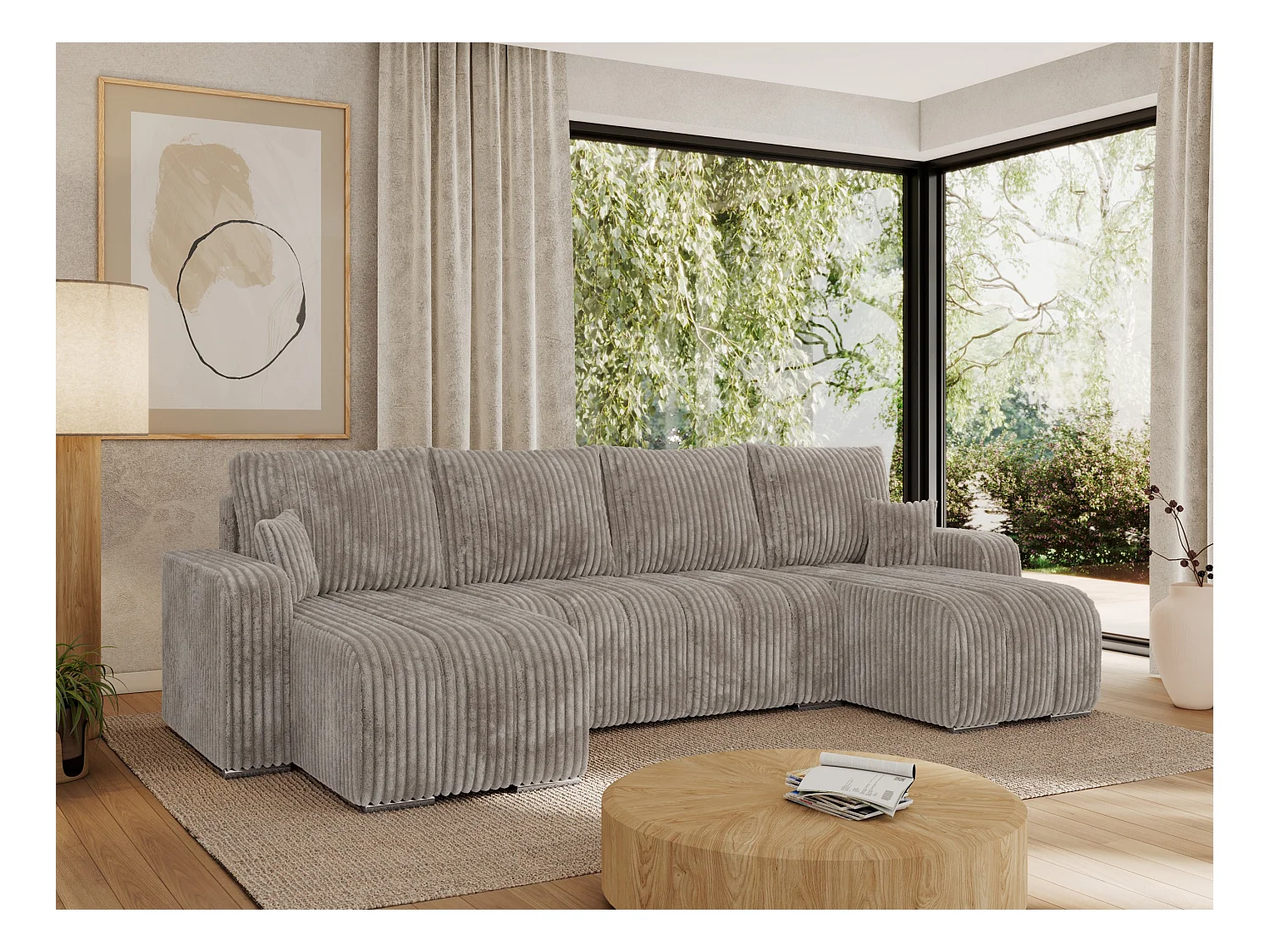 Ecksofa KIRASSO U - Wohnlandschaft, Schlaffunktion und Bettkasten, Couch U-form, lose Kissen - Hellbraun Cord