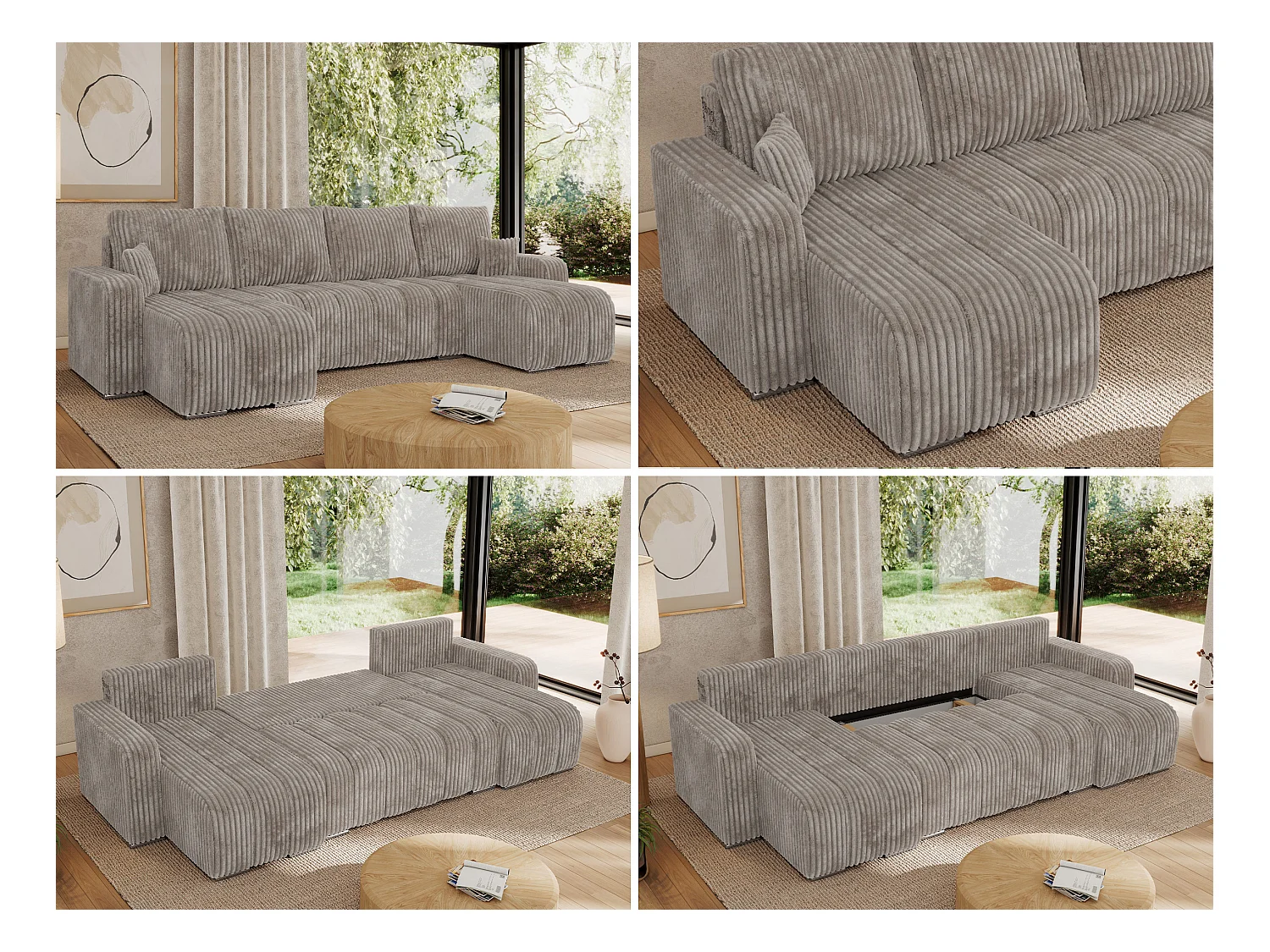 Ecksofa KIRASSO U - Wohnlandschaft, Schlaffunktion und Bettkasten, Couch U-form, lose Kissen - Hellbraun Cord