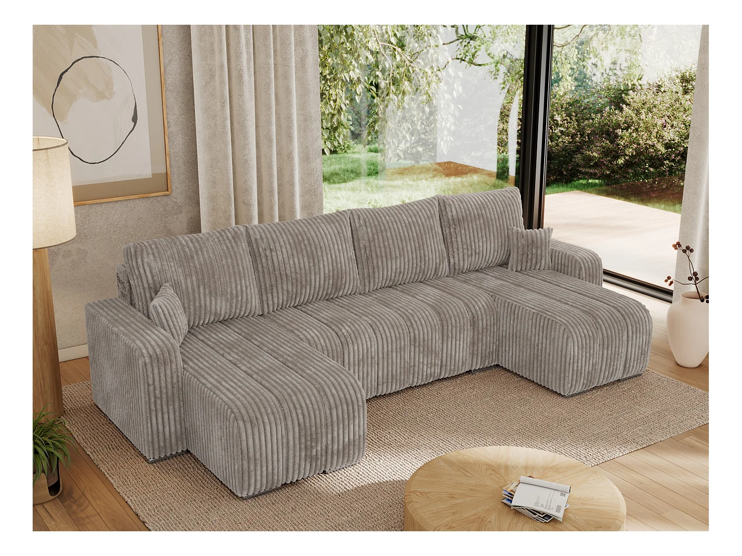 Ecksofa KIRASSO U - Wohnlandschaft, Schlaffunktion und Bettkasten, Couch U-form, lose Kissen - Hellbraun Cord
