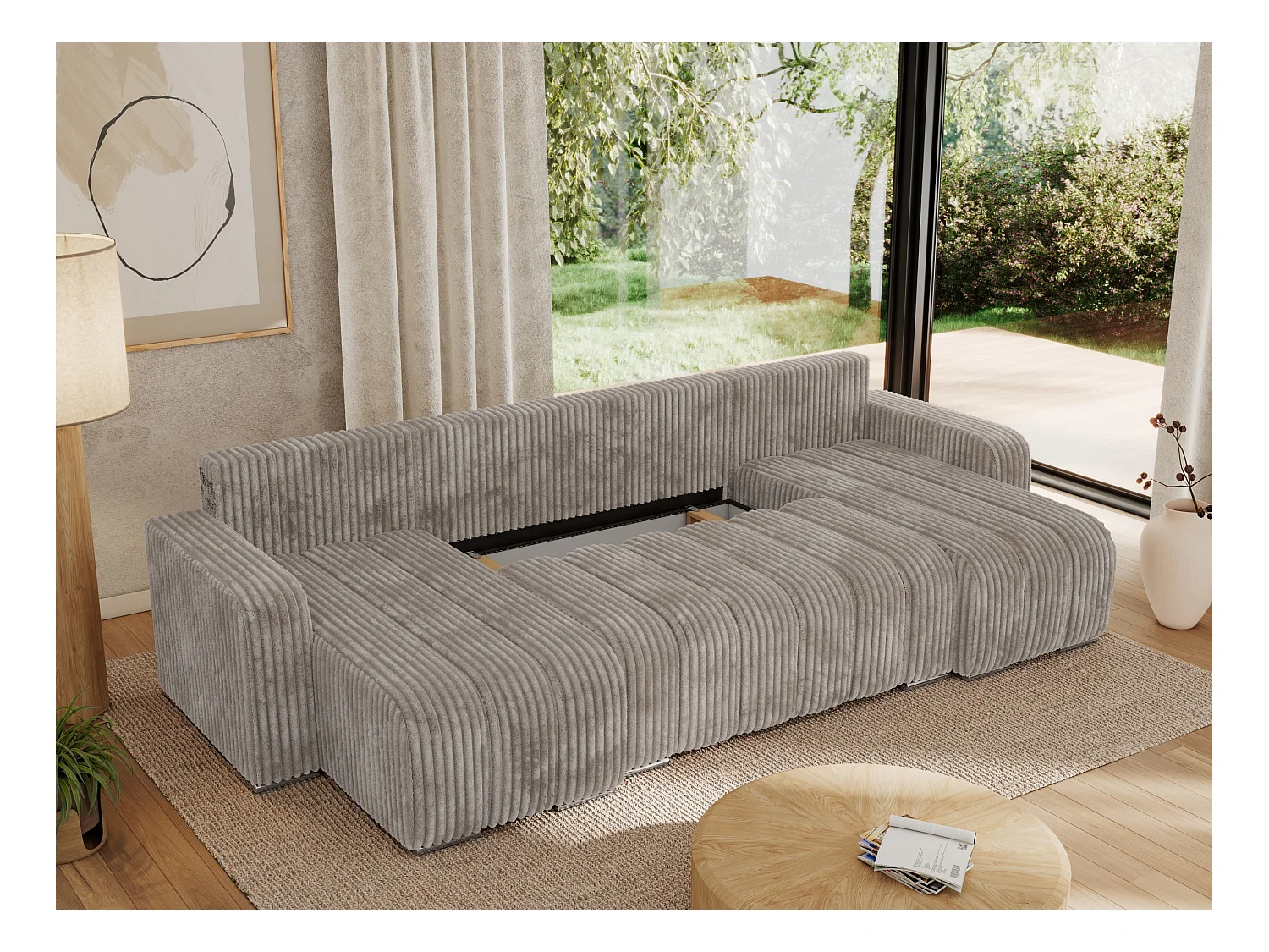 Ecksofa KIRASSO U - Wohnlandschaft, Schlaffunktion und Bettkasten, Couch U-form, lose Kissen - Hellbraun Cord