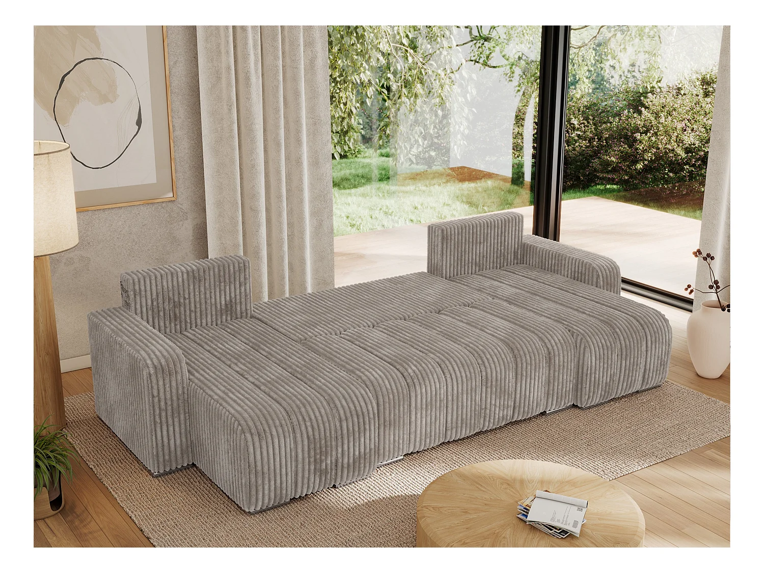 Ecksofa KIRASSO U - Wohnlandschaft, Schlaffunktion und Bettkasten, Couch U-form, lose Kissen - Hellbraun Cord