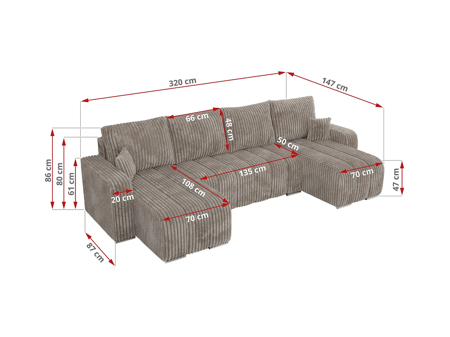 Ecksofa KIRASSO U - Wohnlandschaft, Schlaffunktion und Bettkasten, Couch U-form, lose Kissen - Hellbraun Cord