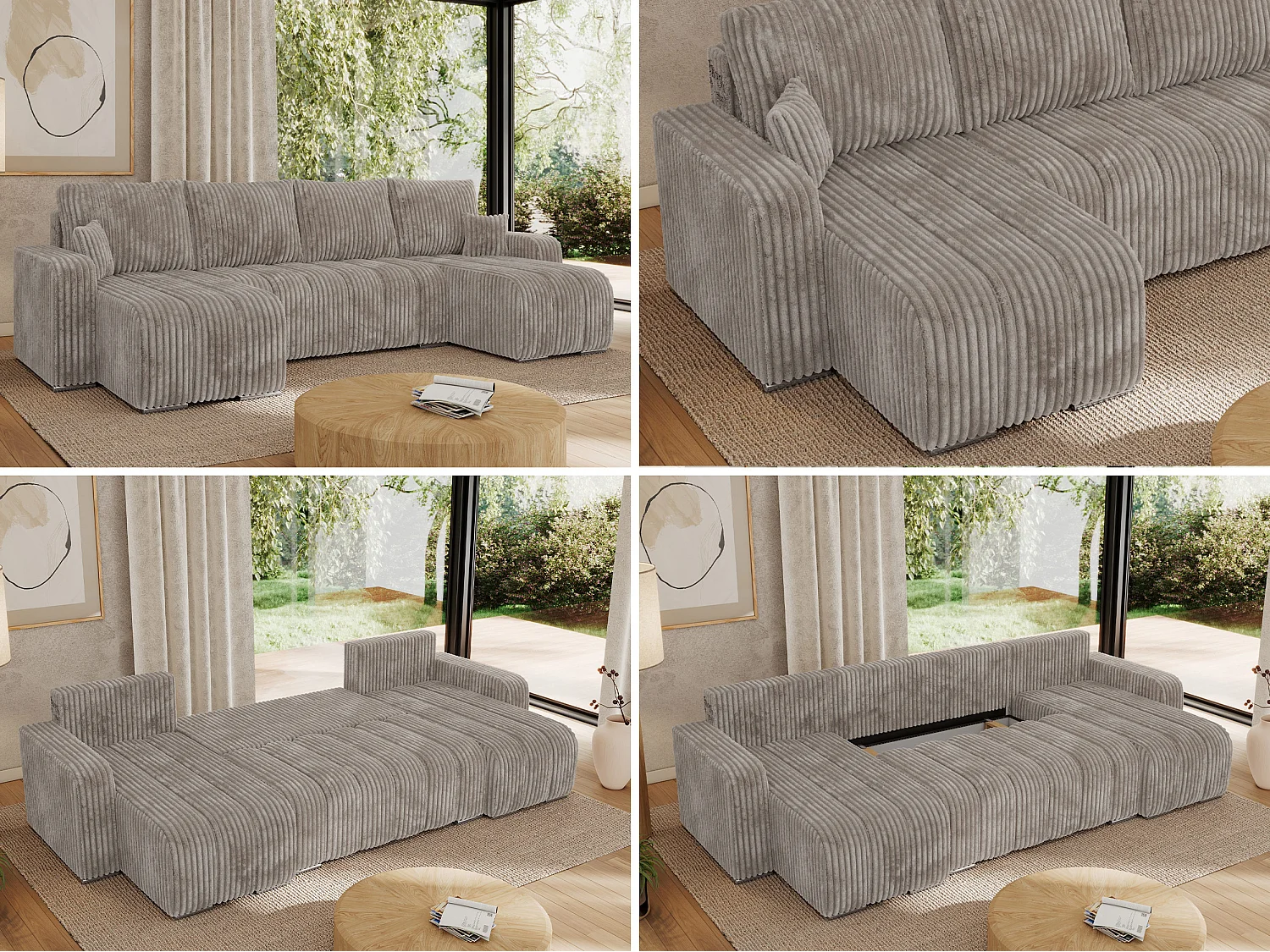 Ecksofa KIRASSO U - Wohnlandschaft, Schlaffunktion und Bettkasten, Couch U-form, lose Kissen - Hellbraun Cord