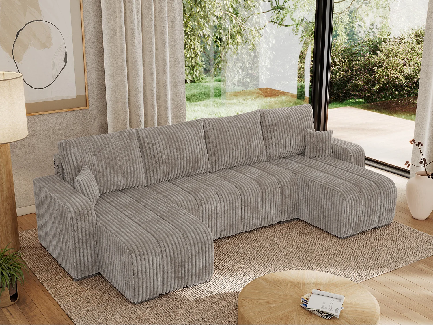 Ecksofa KIRASSO U - Wohnlandschaft, Schlaffunktion und Bettkasten, Couch U-form, lose Kissen - Hellbraun Cord