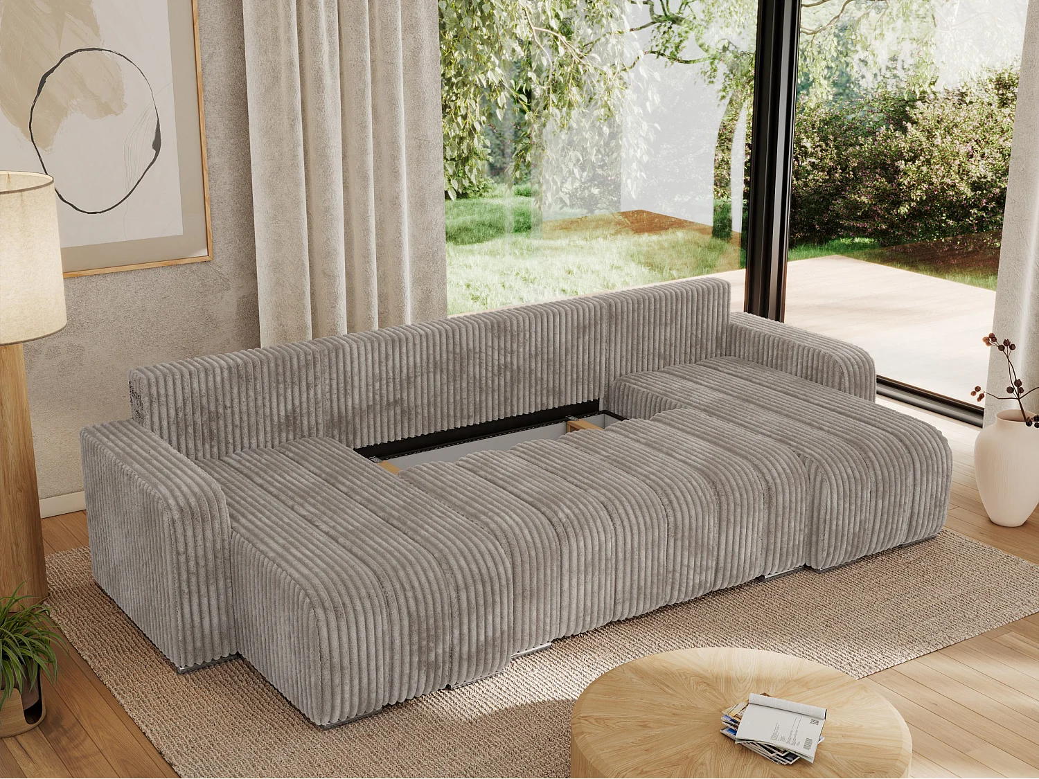 Ecksofa KIRASSO U - Wohnlandschaft, Schlaffunktion und Bettkasten, Couch U-form, lose Kissen - Hellbraun Cord
