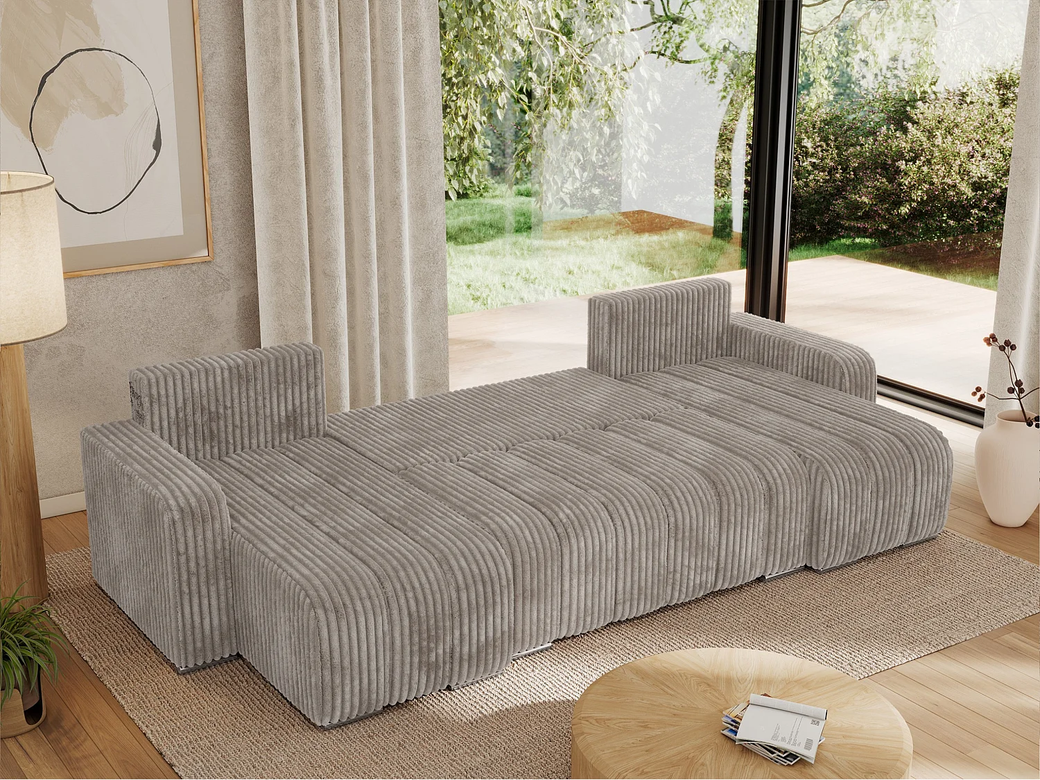 Ecksofa KIRASSO U - Wohnlandschaft, Schlaffunktion und Bettkasten, Couch U-form, lose Kissen - Hellbraun Cord