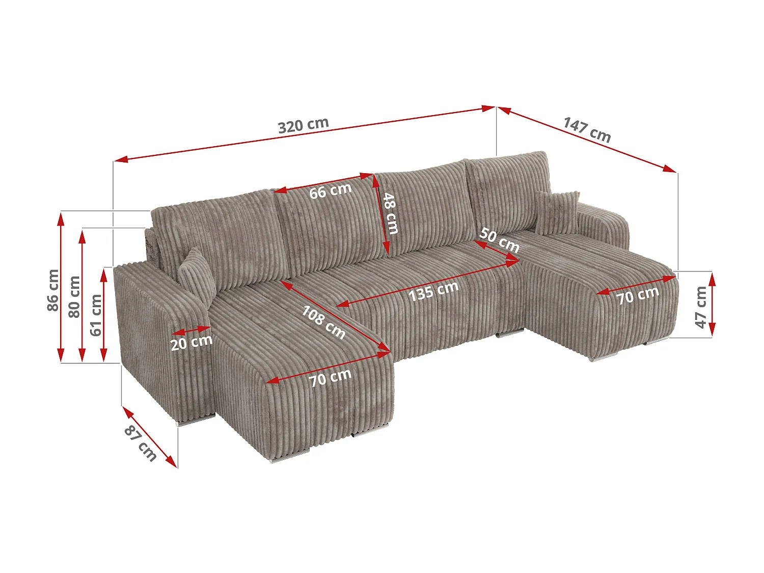 Ecksofa KIRASSO U - Wohnlandschaft, Schlaffunktion und Bettkasten, Couch U-form, lose Kissen - Hellbraun Cord