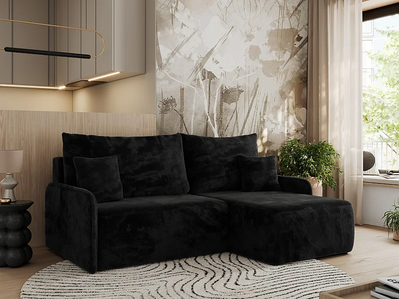 Ecksofa ARPA - L-form Schlaffsofa, Bettkasten und lose Kissen, Armlehnen - Schwarz Plüsch - Ecke Rechts