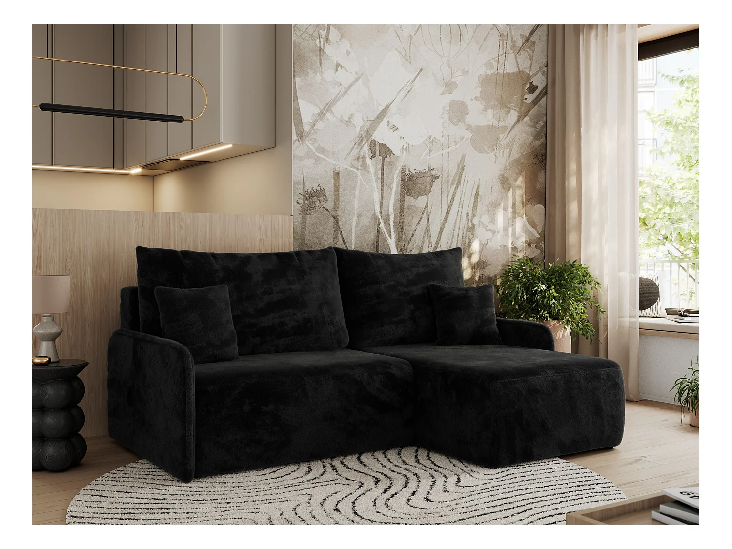 Ecksofa ARPA - L-form Schlaffsofa, Bettkasten und lose Kissen, Armlehnen - Schwarz Plüsch - Ecke Rechts