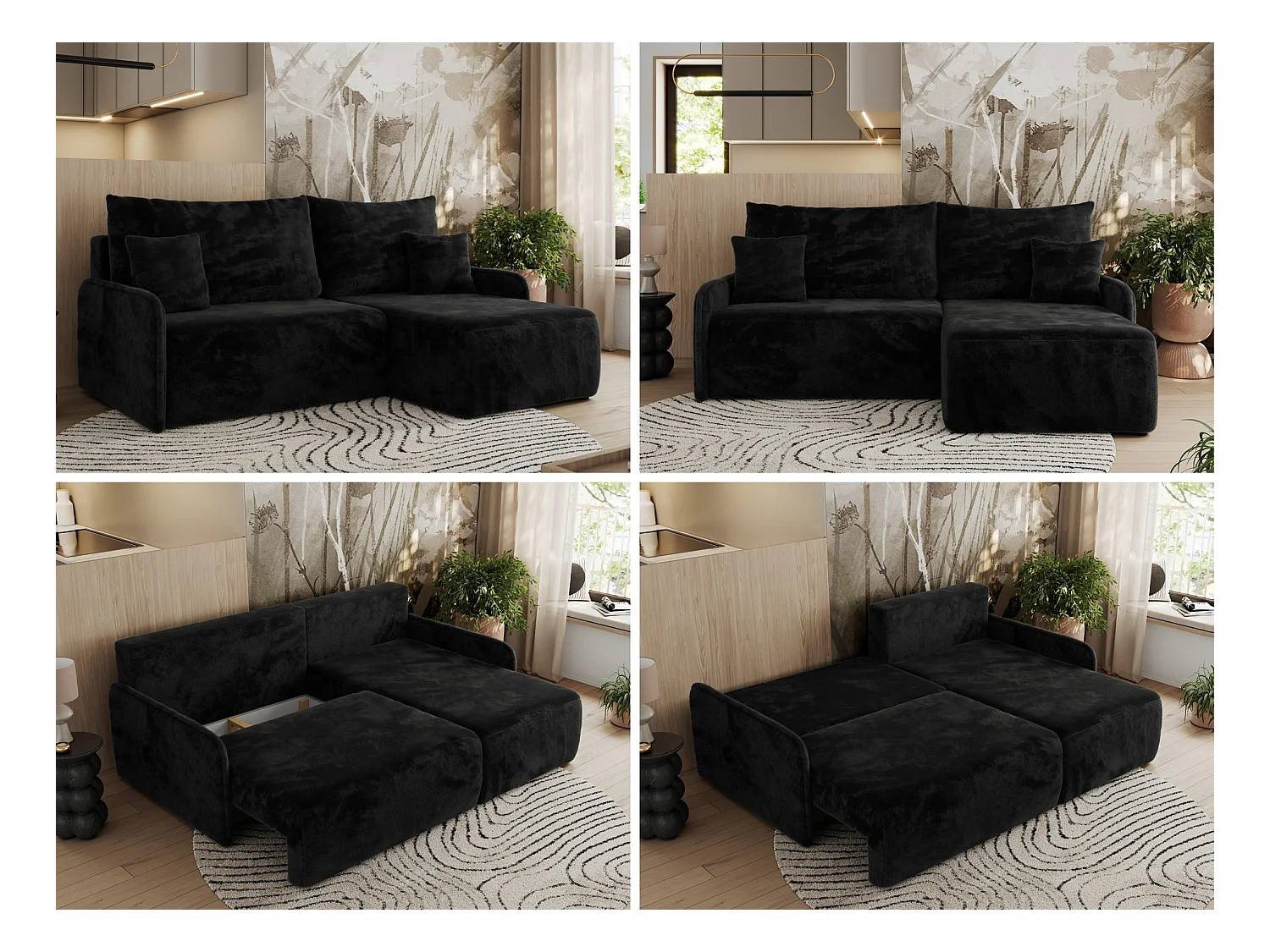 Ecksofa ARPA - L-form Schlaffsofa, Bettkasten und lose Kissen, Armlehnen - Schwarz Plüsch - Ecke Rechts