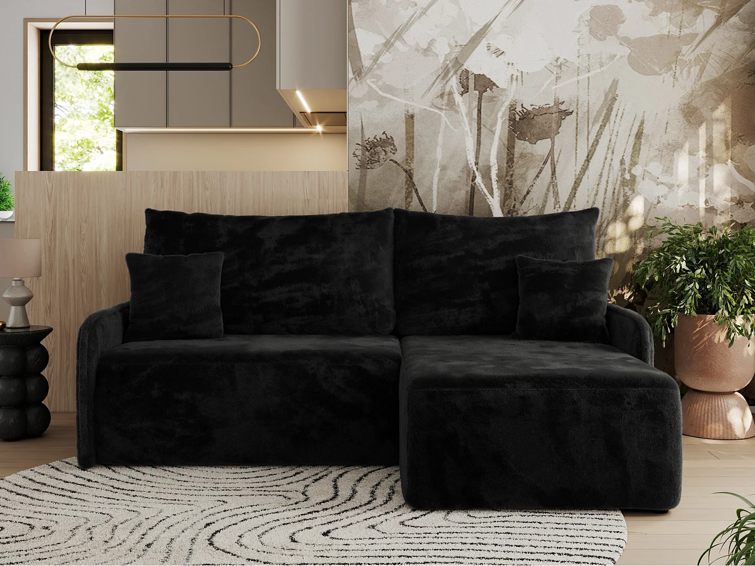 Ecksofa ARPA - L-form Schlaffsofa, Bettkasten und lose Kissen, Armlehnen - Schwarz Plüsch - Ecke Rechts