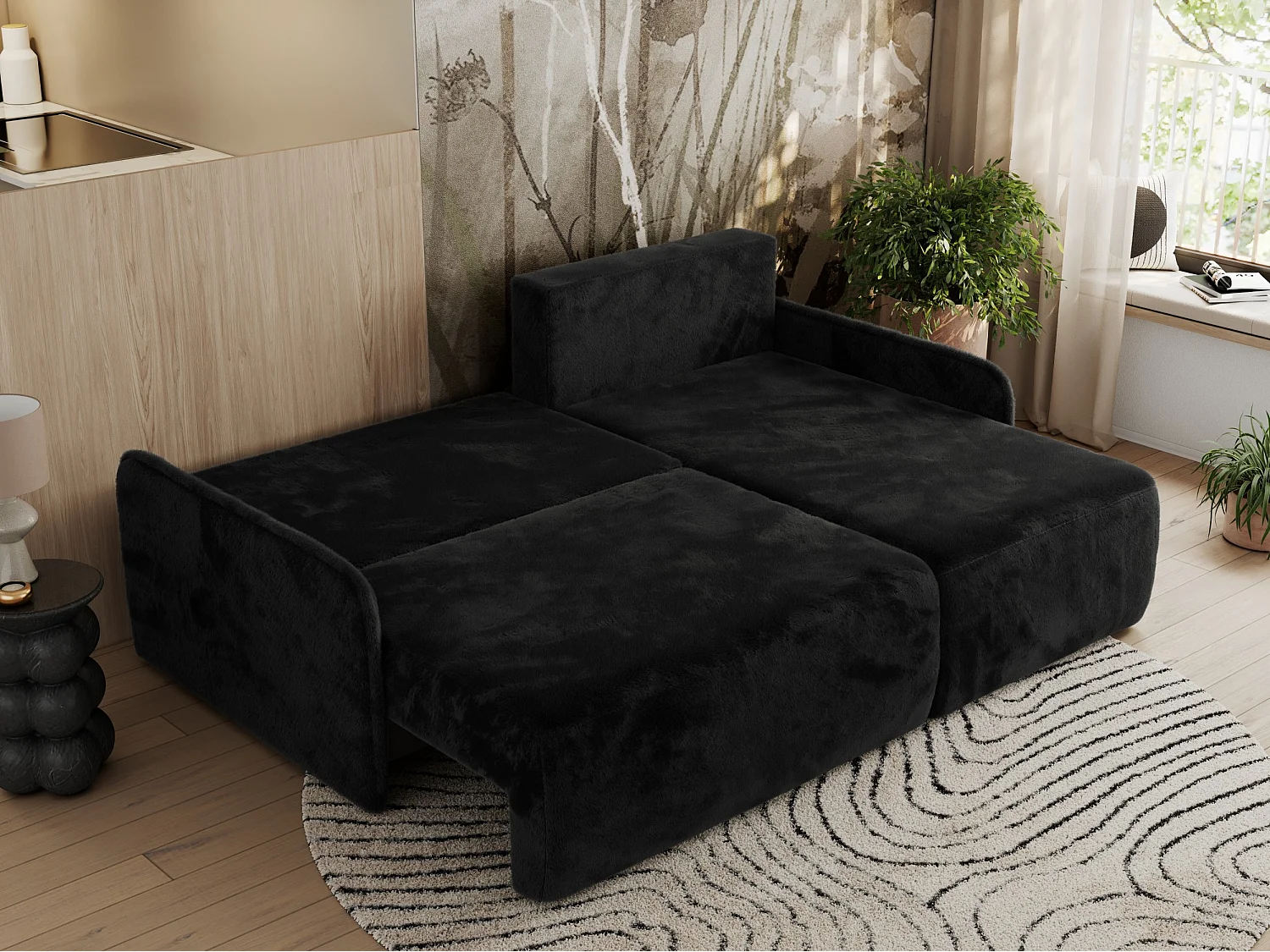 Ecksofa ARPA - L-form Schlaffsofa, Bettkasten und lose Kissen, Armlehnen - Schwarz Plüsch - Ecke Rechts