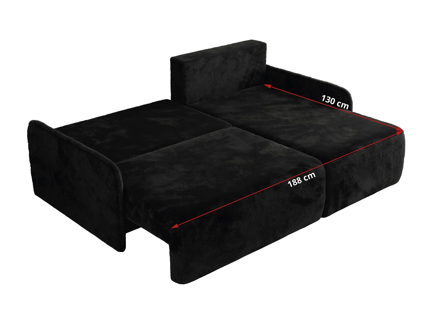 Ecksofa ARPA - L-form Schlaffsofa, Bettkasten und lose Kissen, Armlehnen - Schwarz Plüsch - Ecke Rechts