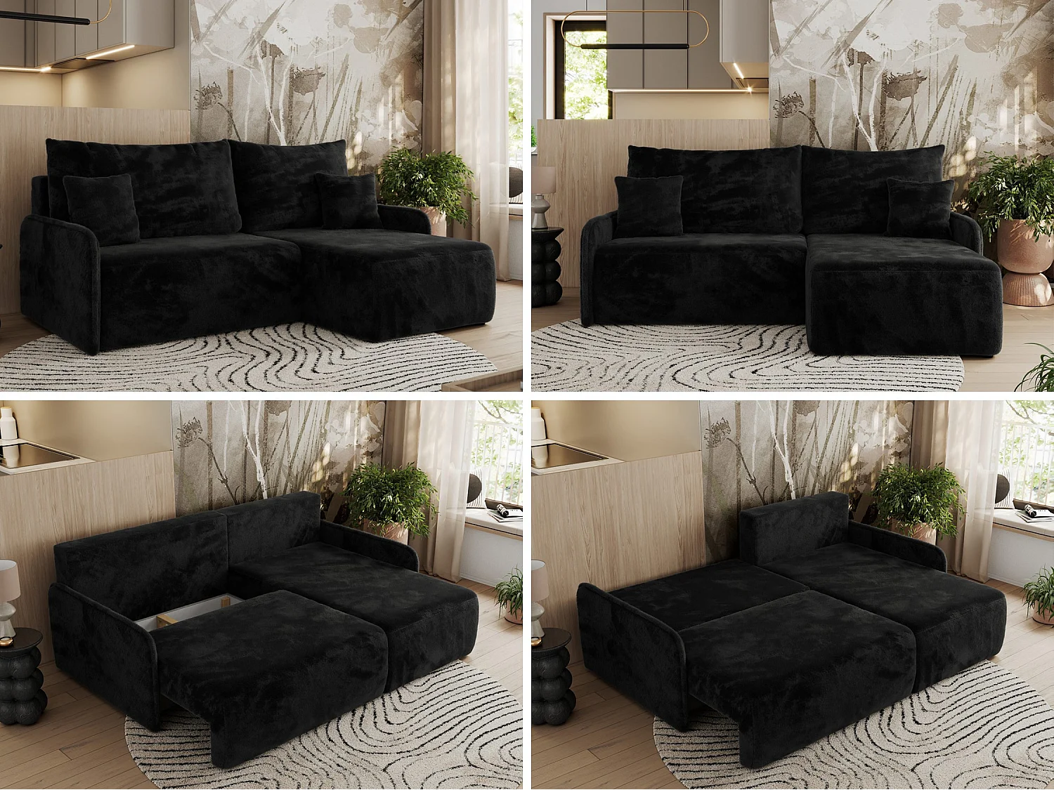 Ecksofa ARPA - L-form Schlaffsofa, Bettkasten und lose Kissen, Armlehnen - Schwarz Plüsch - Ecke Rechts