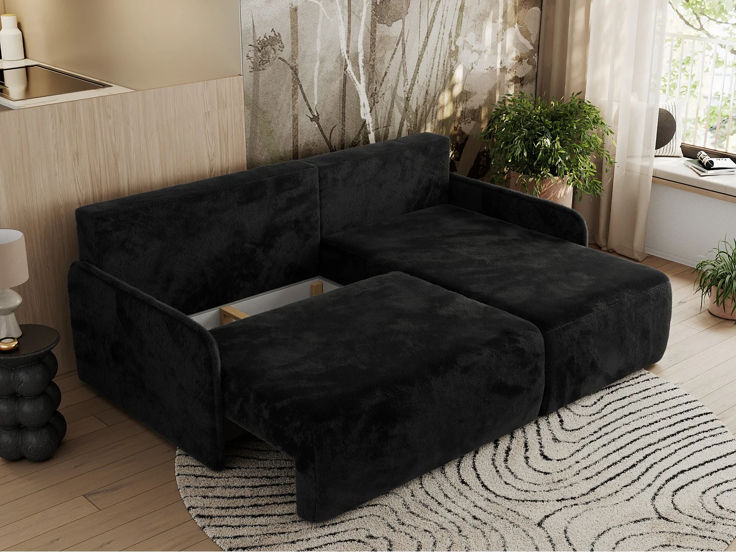 Ecksofa ARPA - L-form Schlaffsofa, Bettkasten und lose Kissen, Armlehnen - Schwarz Plüsch - Ecke Rechts