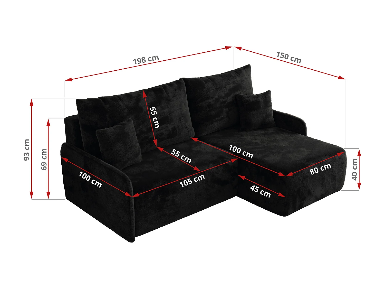 Ecksofa ARPA - L-form Schlaffsofa, Bettkasten und lose Kissen, Armlehnen - Schwarz Plüsch - Ecke Rechts