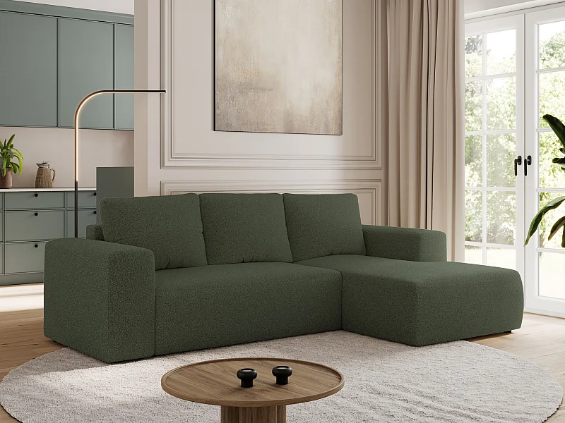 Ecksofa TRENTINO - mit Schlaffunktion und Bettkasten, L-form Couch, lose Kissen und Armlehnen - Grün Boucle - Ecke Rechts
