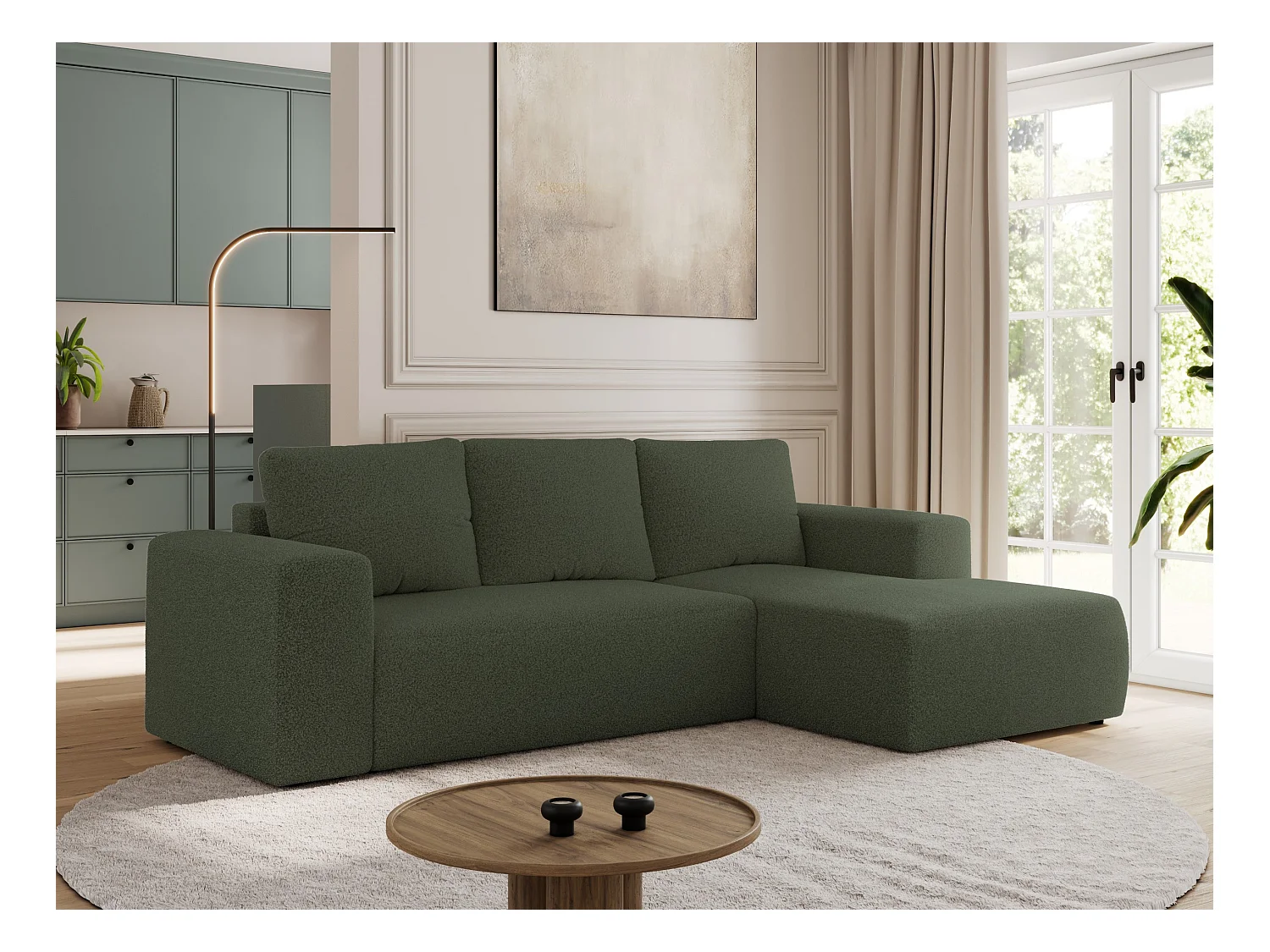 Ecksofa TRENTINO - mit Schlaffunktion und Bettkasten, L-form Couch, lose Kissen und Armlehnen - Grün Boucle - Ecke Rechts