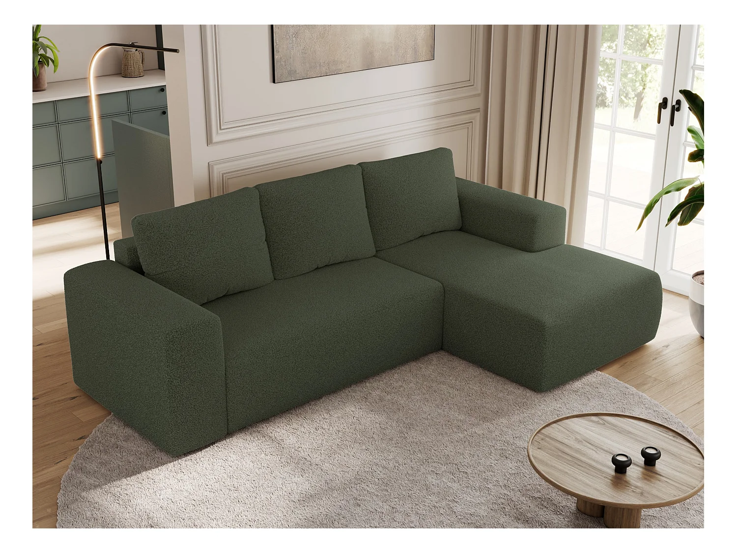 Ecksofa TRENTINO - mit Schlaffunktion und Bettkasten, L-form Couch, lose Kissen und Armlehnen - Grün Boucle - Ecke Rechts