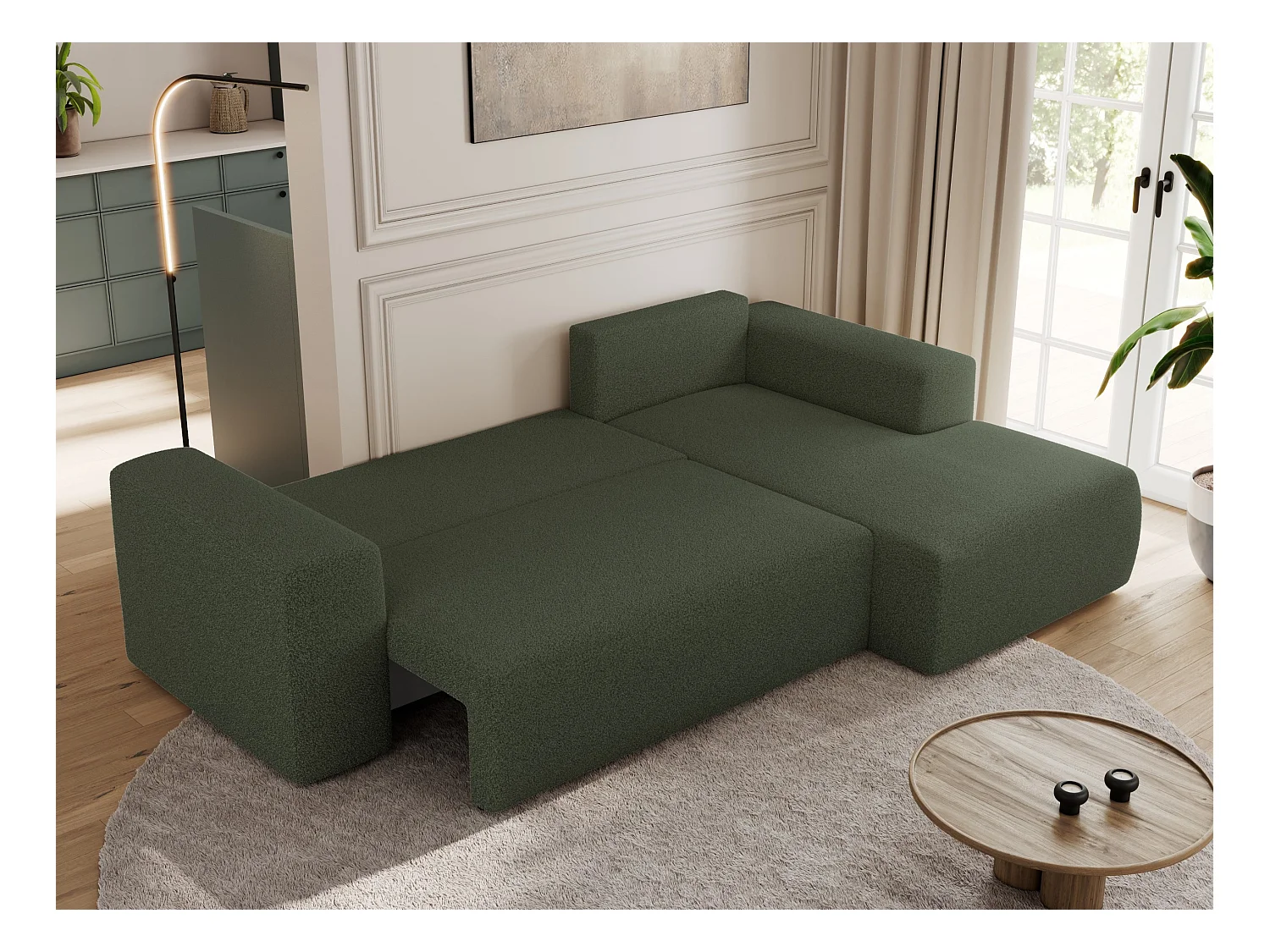 Ecksofa TRENTINO - mit Schlaffunktion und Bettkasten, L-form Couch, lose Kissen und Armlehnen - Grün Boucle - Ecke Rechts