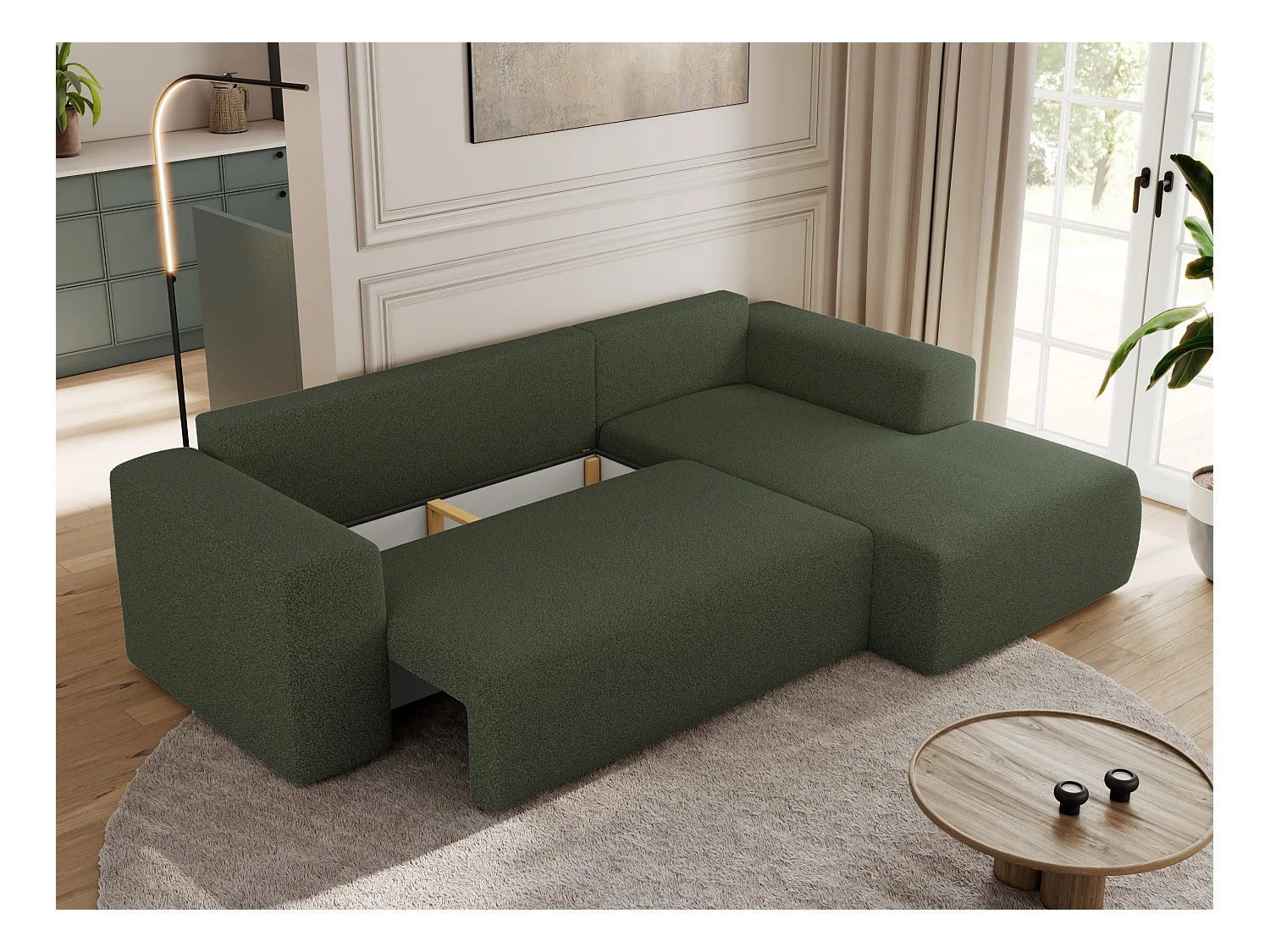 Ecksofa TRENTINO - mit Schlaffunktion und Bettkasten, L-form Couch, lose Kissen und Armlehnen - Grün Boucle - Ecke Rechts