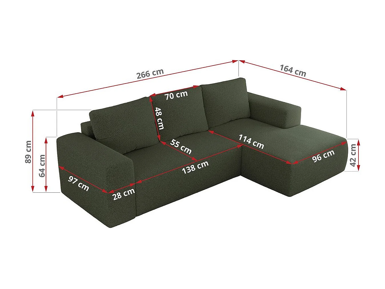 Ecksofa TRENTINO - mit Schlaffunktion und Bettkasten, L-form Couch, lose Kissen und Armlehnen - Grün Boucle - Ecke Rechts