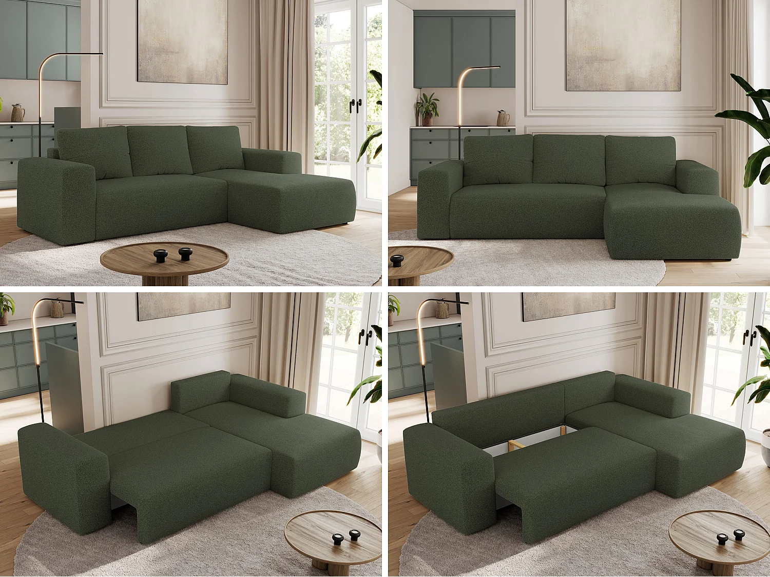 Ecksofa TRENTINO - mit Schlaffunktion und Bettkasten, L-form Couch, lose Kissen und Armlehnen - Grün Boucle - Ecke Rechts