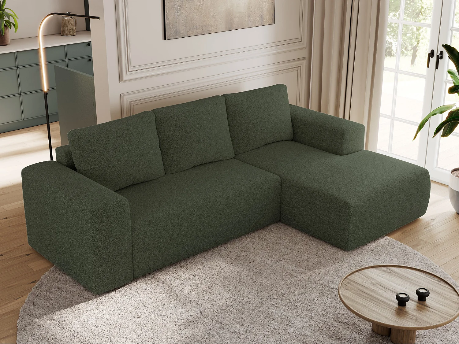 Ecksofa TRENTINO - mit Schlaffunktion und Bettkasten, L-form Couch, lose Kissen und Armlehnen - Grün Boucle - Ecke Rechts