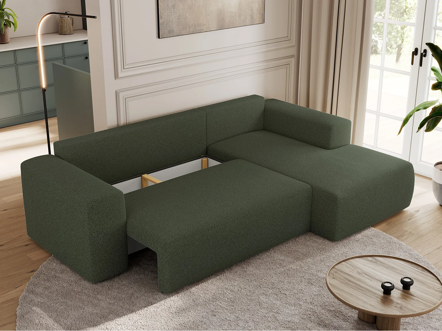 Ecksofa TRENTINO - mit Schlaffunktion und Bettkasten, L-form Couch, lose Kissen und Armlehnen - Grün Boucle - Ecke Rechts