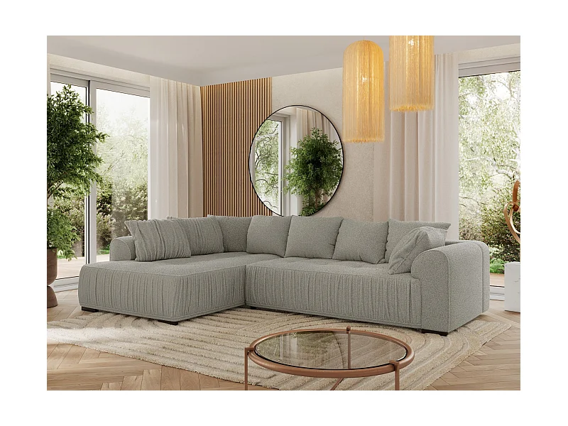Ecksofa ORTA - Schlaffunktion und Bettkasten, lose Kissen, gesteppter Sitz, L-förmige Ecke - Hellgrau Boucle - Ecke Links
