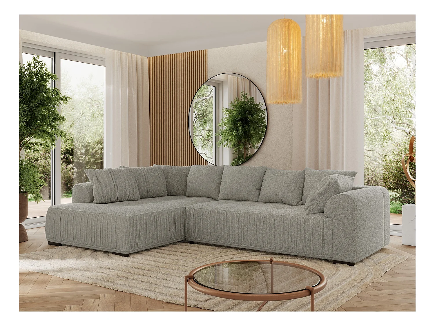 Ecksofa ORTA - Schlaffunktion und Bettkasten, lose Kissen, gesteppter Sitz, L-förmige Ecke - Hellgrau Boucle - Ecke Links