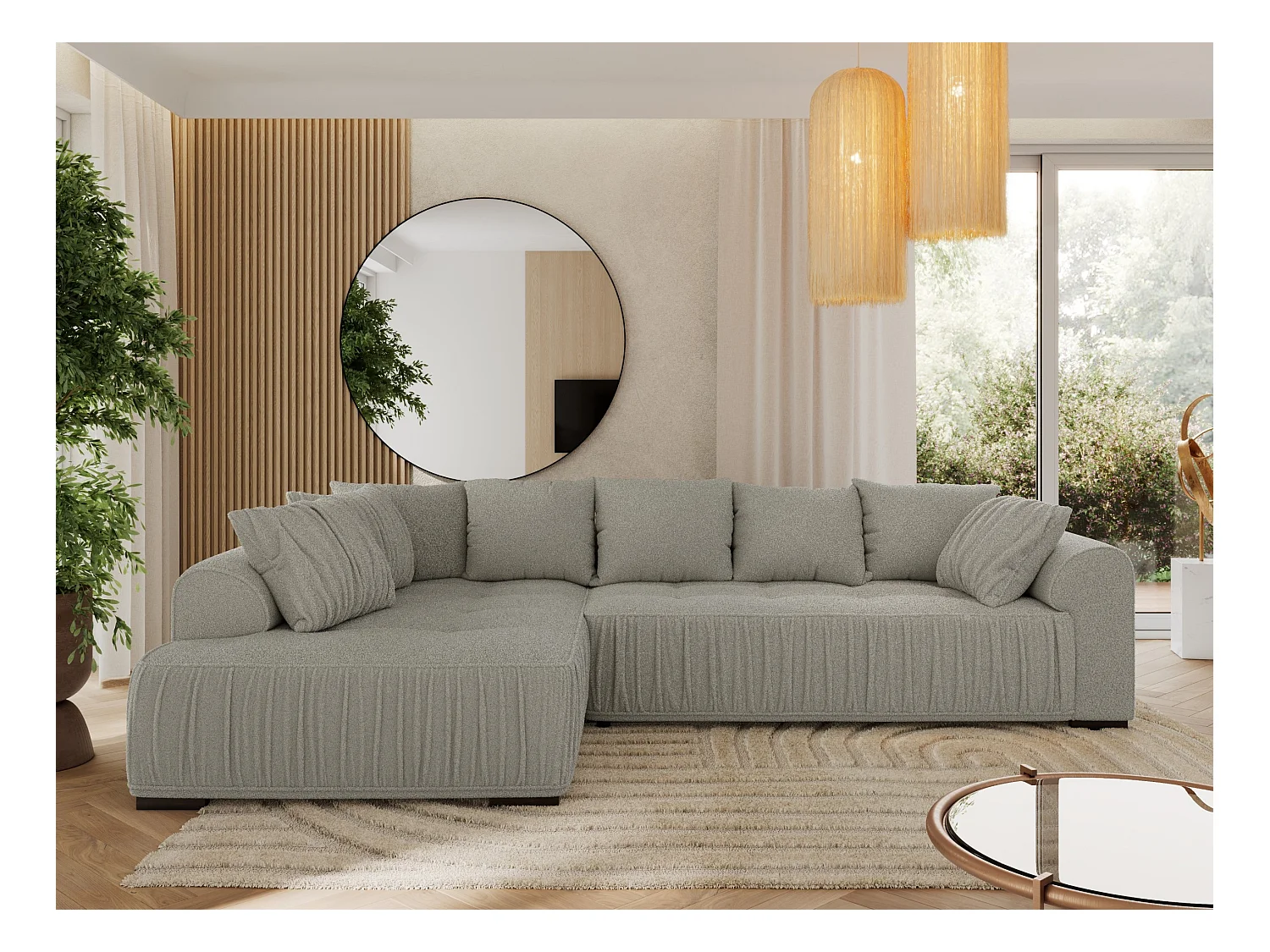 Ecksofa ORTA - Schlaffunktion und Bettkasten, lose Kissen, gesteppter Sitz, L-förmige Ecke - Hellgrau Boucle - Ecke Links