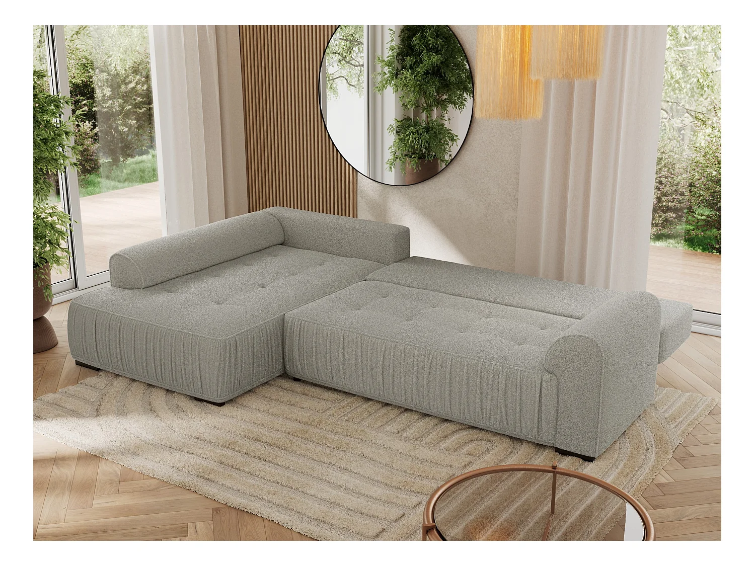 Ecksofa ORTA - Schlaffunktion und Bettkasten, lose Kissen, gesteppter Sitz, L-förmige Ecke - Hellgrau Boucle - Ecke Links