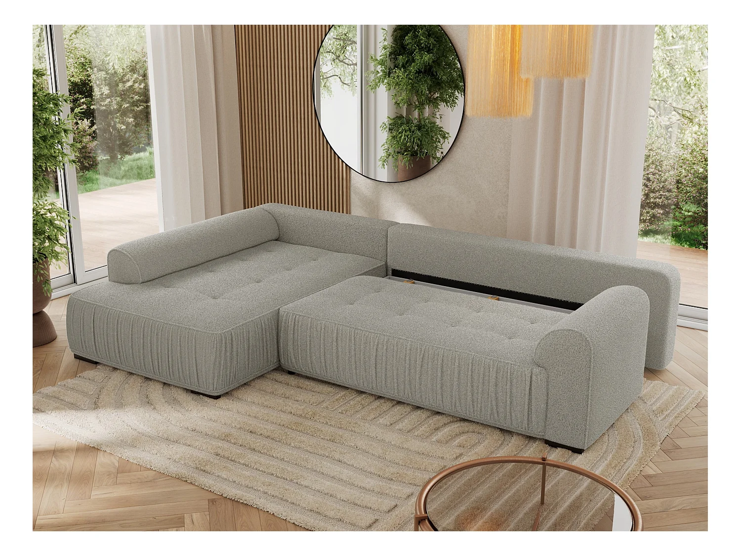 Ecksofa ORTA - Schlaffunktion und Bettkasten, lose Kissen, gesteppter Sitz, L-förmige Ecke - Hellgrau Boucle - Ecke Links