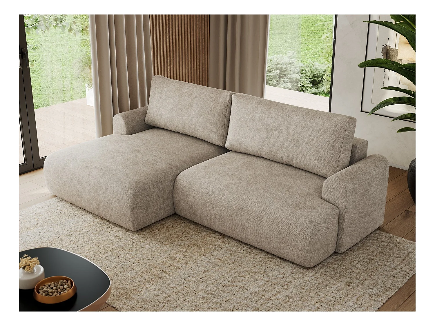 Ecksofa TONO - mit Schlaffunktion und Bettkasten, L-form Ecke, Armlehnen - Beige Struktur - Ecke Links